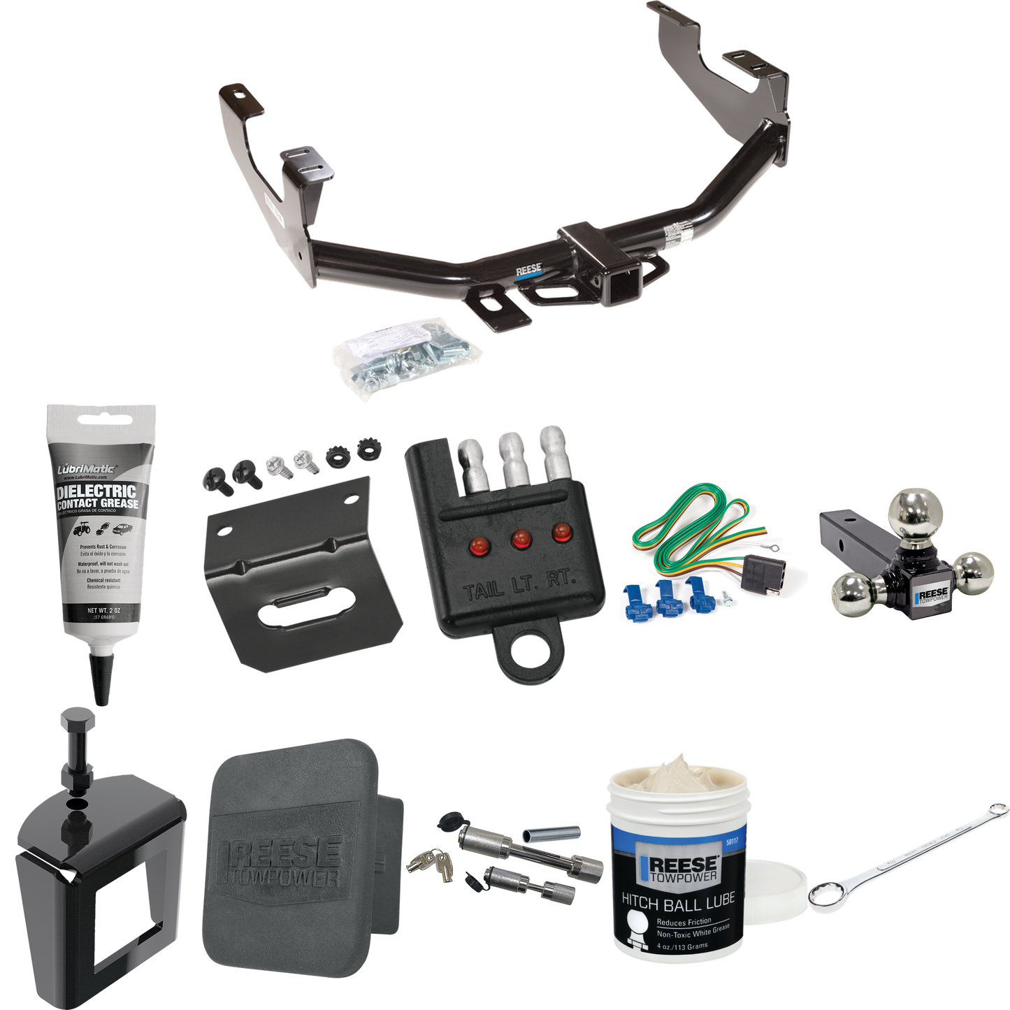 Fits 1999-2007 Ford F-350 Super Duty Trailer Hitch Tow PKG w/ 4-Flat Wiring + Triple Ball Ball Mount 1-7/8" & 2" & 2-5/16" Trailer Balls + Wiring Bracket + Hitch Cover + Dual Hitch & Coupler Locks + Wiring Tester + Ball Lube + Electric Grease + Ball