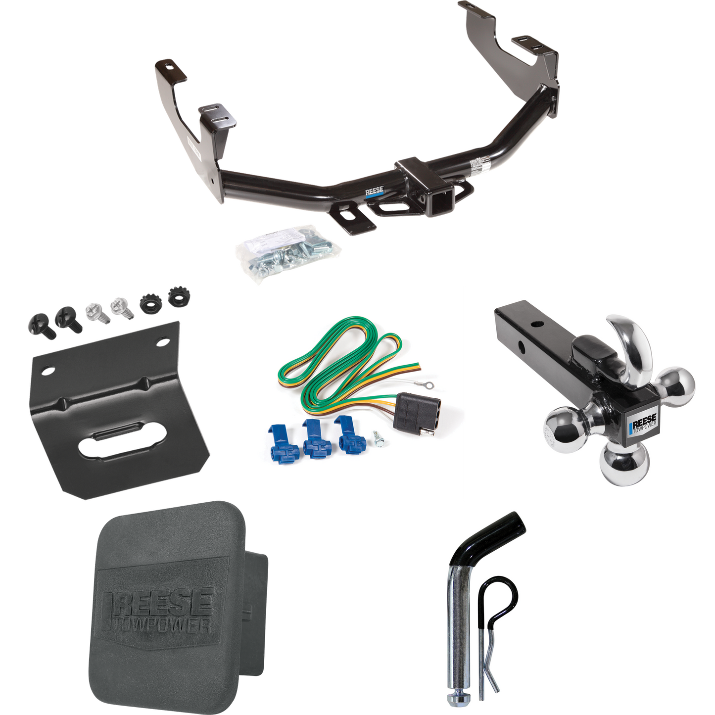 Fits 1999-2007 Ford F-250 Super Duty Trailer Hitch Tow PKG w/ 4-Flat Wiring + Triple Ball Ball Mount 1-7/8" & 2" & 2-5/16" Trailer Balls w/ Tow Hook + Pin/Clip + Wiring Bracket + Hitch Cover (Excludes: Cab & Chassis Models) By Reese Towpower