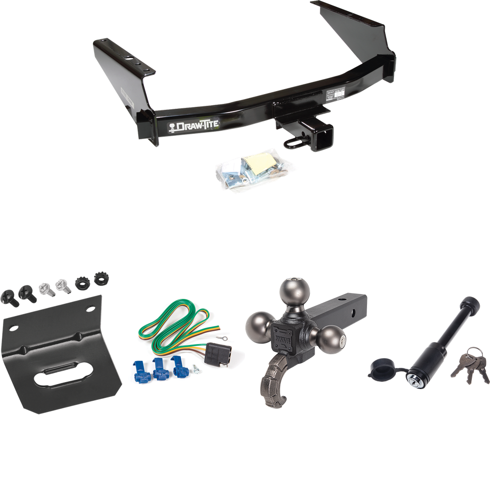 Fits 1997-1999 Ford F-250 Trailer Hitch Tow PKG w/ 4-Flat Wiring + Triple Ball Tactical Ball Mount 1-7/8" & 2" & 2-5/16" Balls w/ Tow Hook + Tactical Dogbone Lock + Wiring Bracket (For Styleside Models) By Draw-Tite