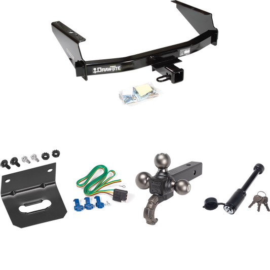 Fits 1997-1999 Ford F-250 Trailer Hitch Tow PKG w/ 4-Flat Wiring + Triple Ball Tactical Ball Mount 1-7/8" & 2" & 2-5/16" Balls w/ Tow Hook + Tactical Dogbone Lock + Wiring Bracket (For Styleside Models) By Draw-Tite