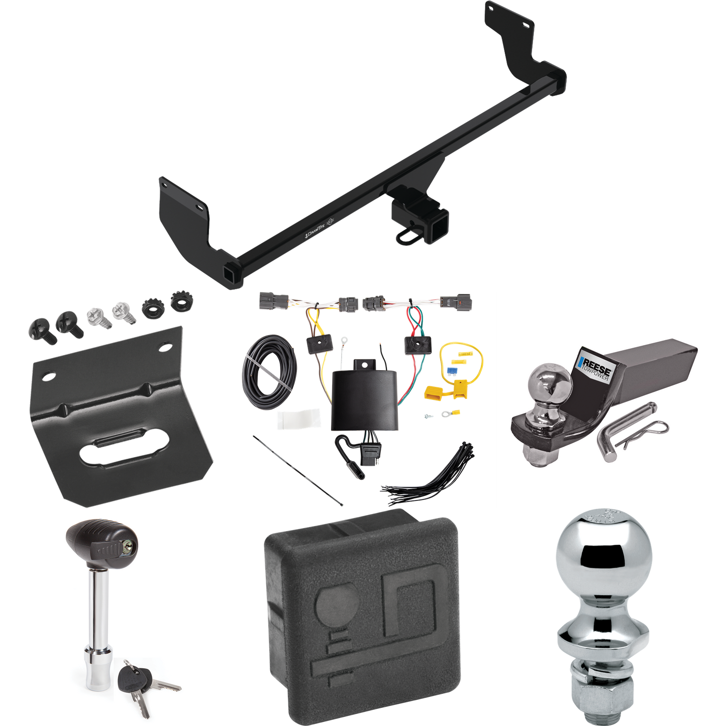 Fits 2020-2023 KIA Soul Trailer Hitch Tow PKG w/ 4-Flat Wiring + Starter Kit Ball Mount w/ 2" Drop & 2" Ball + 1-7/8" Ball + Wiring Bracket + Hitch Lock + Hitch Cover (Excludes: GT Turbo & EV Models) By Draw-Tite