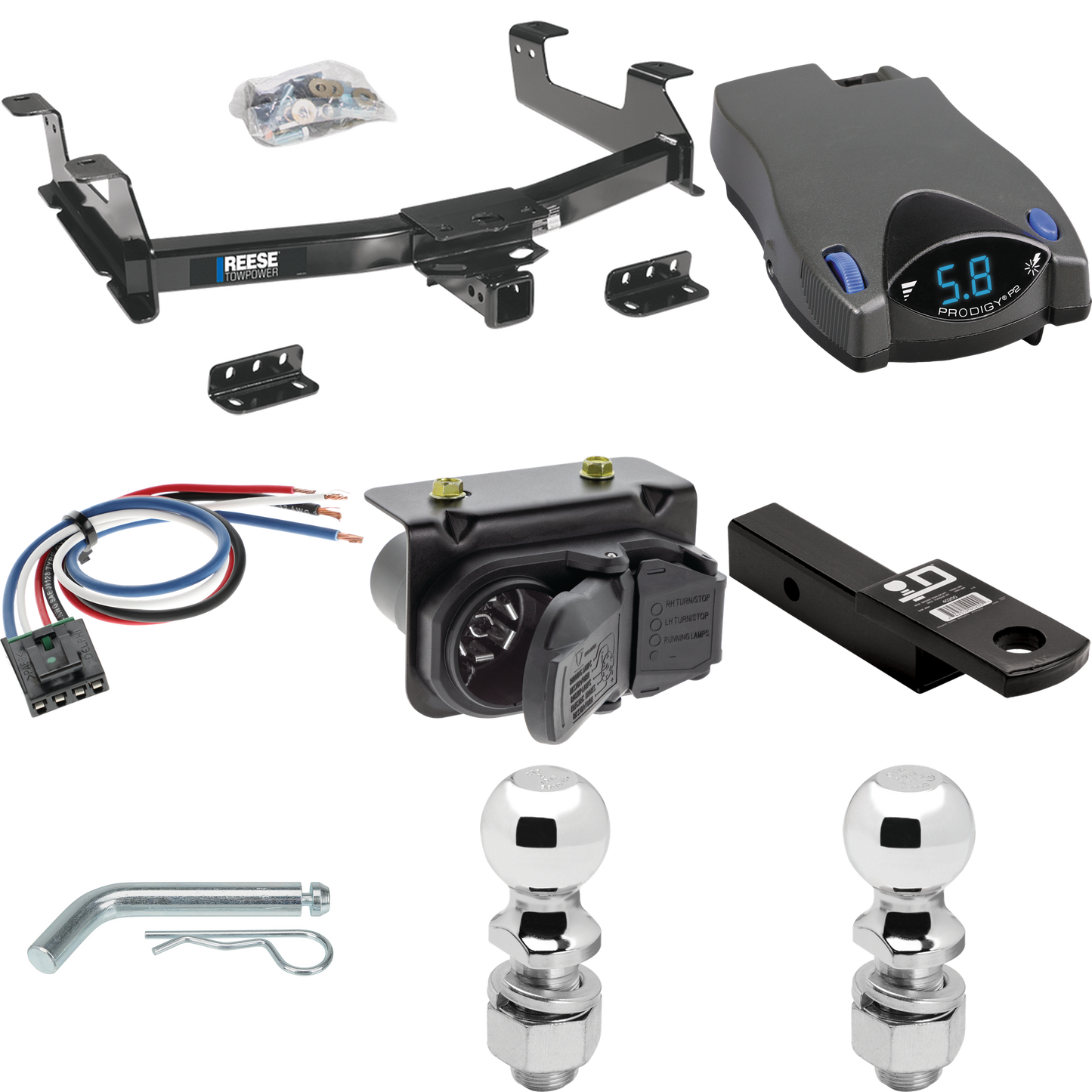 Se adapta al paquete de enganche de remolque GMC Sierra 2500 HD 2011-2014 con control de freno Tekonsha Prodigy P2 + adaptador de cableado BC genérico + cableado RV de 7 vías + soporte de bola y caída de 2" y 2-5/16" de Reese Towpower