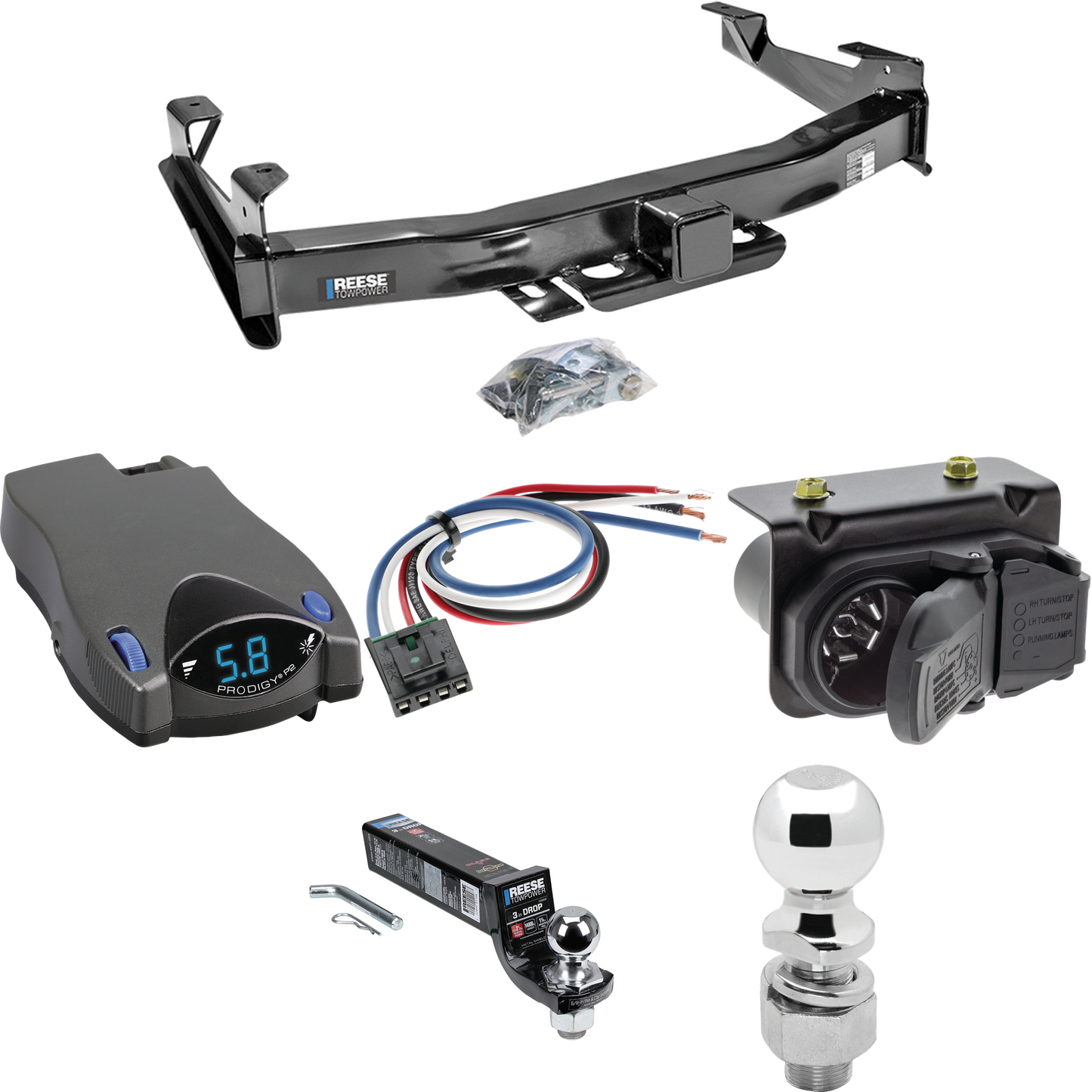 Fits 2007-2010 GMC Sierra 3500 HD Trailer Hitch Tow PKG w/ Tekonsha Prodigy P2 Brake Control + Generic BC Wiring Adapter + 7-Way RV Wiring + 2" & 2-5/16" Ball & Drop Mount By Reese Towpower