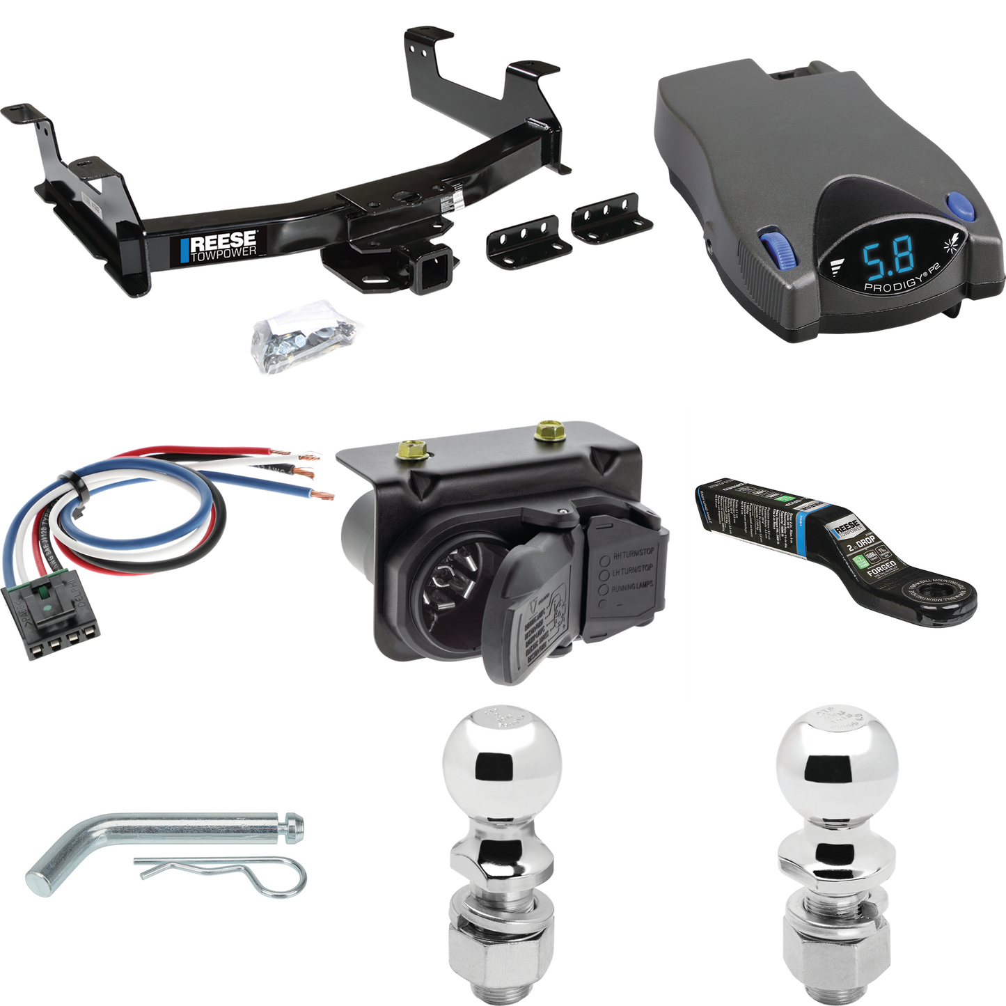 Fits 2011-2014 Chevrolet Silverado 2500 HD Trailer Hitch Tow PKG w/ Tekonsha Prodigy P2 Brake Control + Generic BC Wiring Adapter + 7-Way RV Wiring + 2" & 2-5/16" Ball & Drop Mount By Reese Towpower