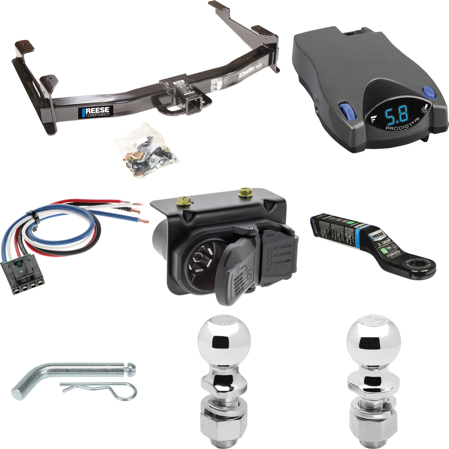 Fits 2007-2010 GMC Sierra 3500 HD Trailer Hitch Tow PKG w/ Tekonsha Prodigy P2 Brake Control + Generic BC Wiring Adapter + 7-Way RV Wiring + 2" & 2-5/16" Ball & Drop Mount By Reese Towpower