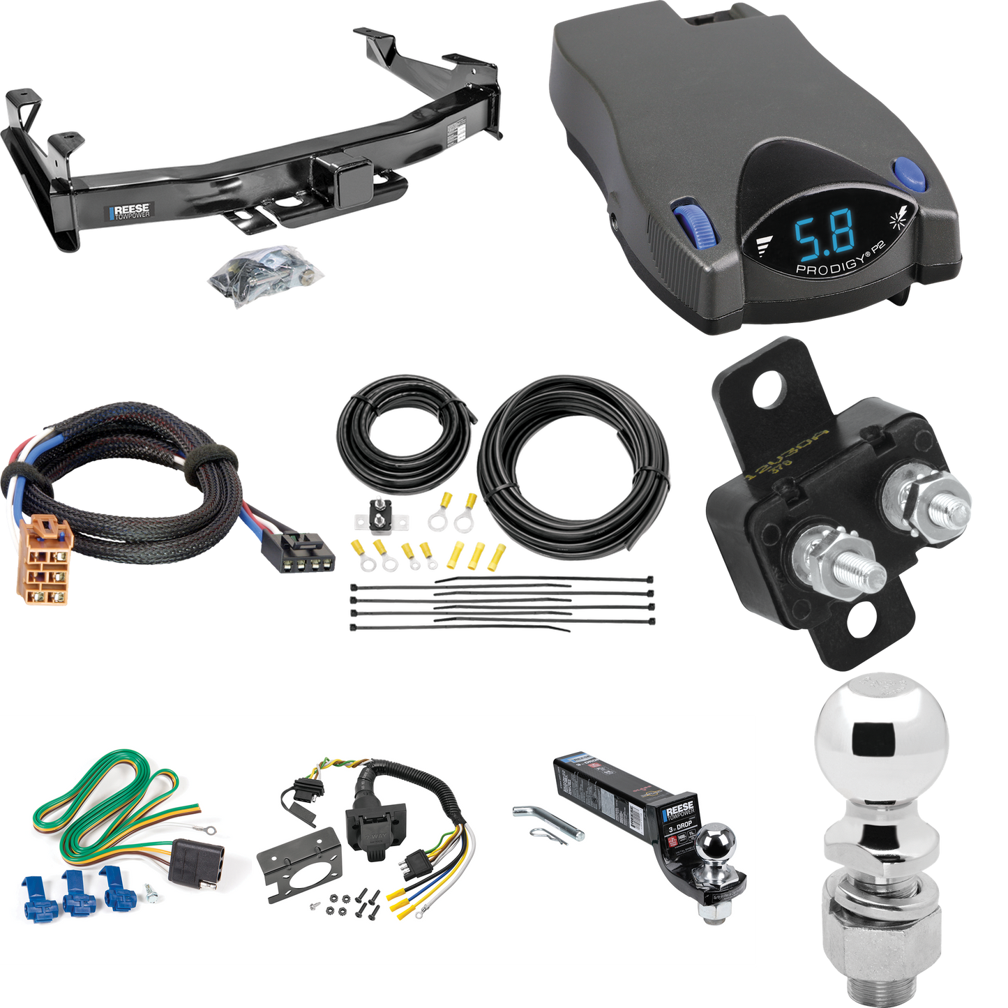 Fits 2001-2002 GMC Sierra 2500 HD Trailer Hitch Tow PKG w/ Tekonsha Prodigy P2 Brake Control + Plug & Play BC Adapter + 7-Way RV Wiring + 2" & 2-5/16" Ball & Drop Mount By Reese Towpower