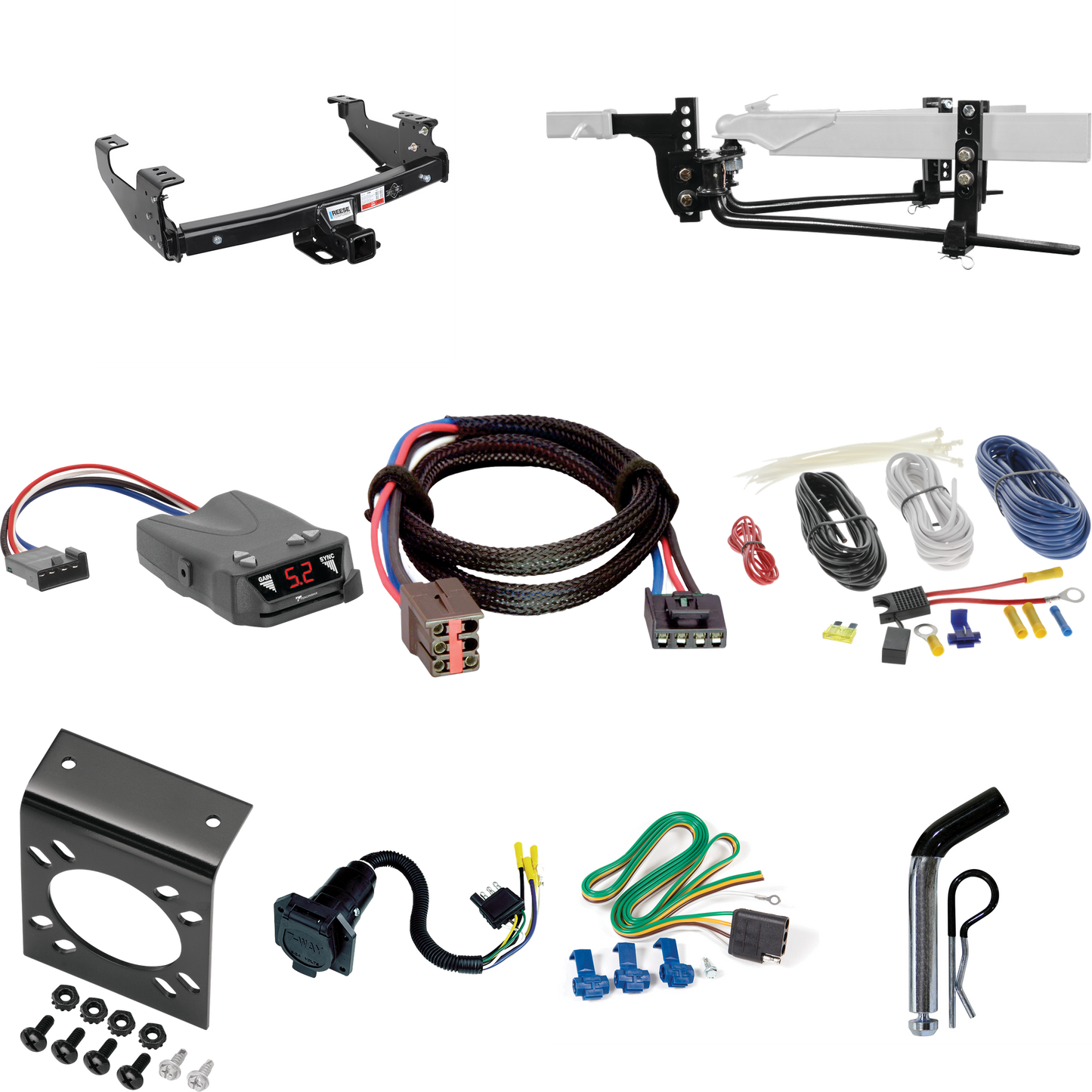 Fits 1997-2003 Ford F-150 Trailer Hitch Tow PKG w/ 8K Round Bar Weight Distribution Hitch w/ 2-5/16" Ball + Pin/Clip + Tekonsha Brakeman IV Brake Control + Plug & Play BC Adapter + 7-Way RV Wiring (For Styleside Models) By Reese Towpower