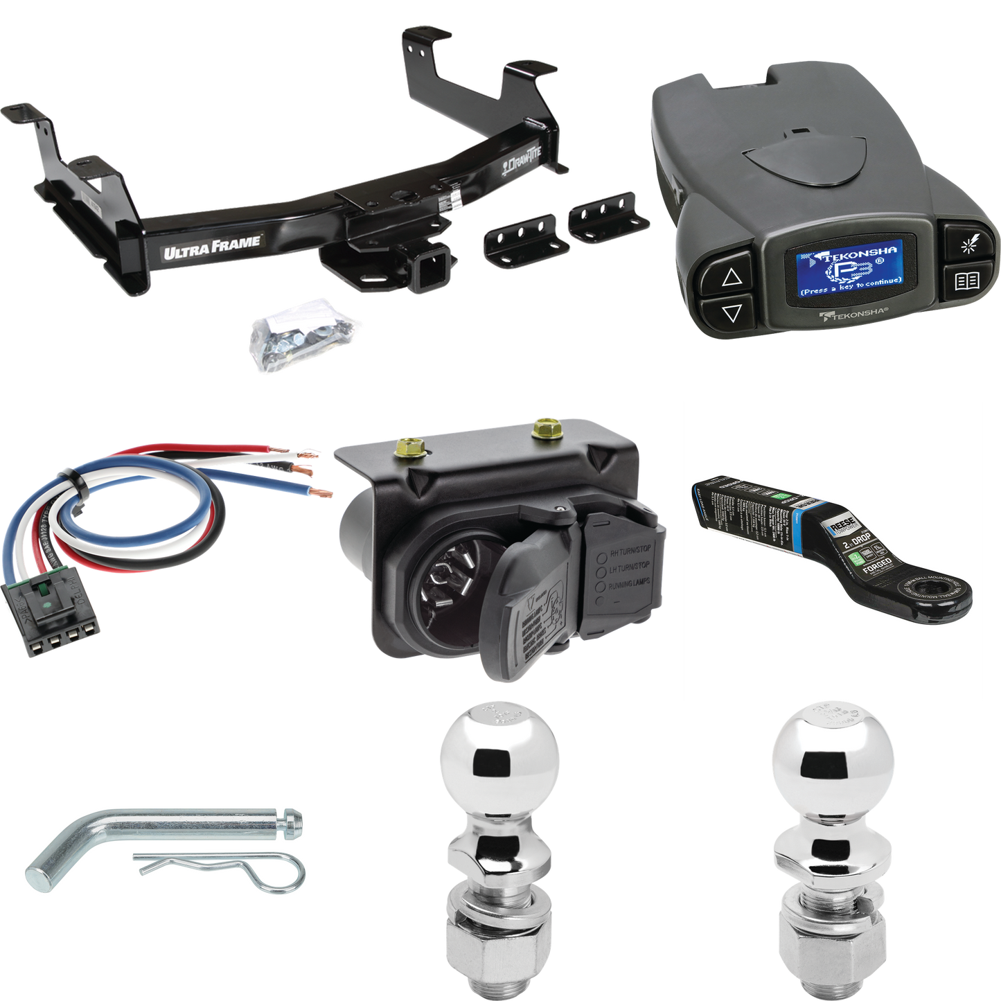 Fits 2011-2014 Chevrolet Silverado 2500 HD Trailer Hitch Tow PKG w/ Tekonsha Prodigy P3 Brake Control + Generic BC Wiring Adapter + 7-Way RV Wiring + 2" & 2-5/16" Ball & Drop Mount By Draw-Tite