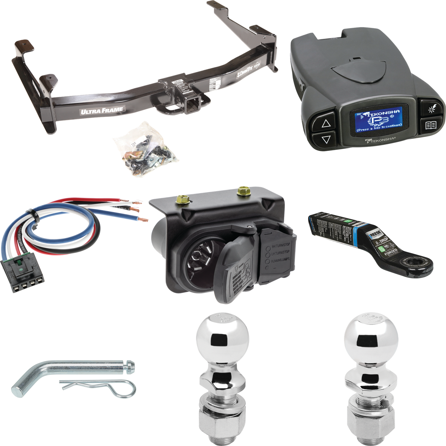 Fits 2007-2010 GMC Sierra 2500 HD Trailer Hitch Tow PKG w/ Tekonsha Prodigy P3 Brake Control + Generic BC Wiring Adapter + 7-Way RV Wiring + 2" & 2-5/16" Ball & Drop Mount By Draw-Tite