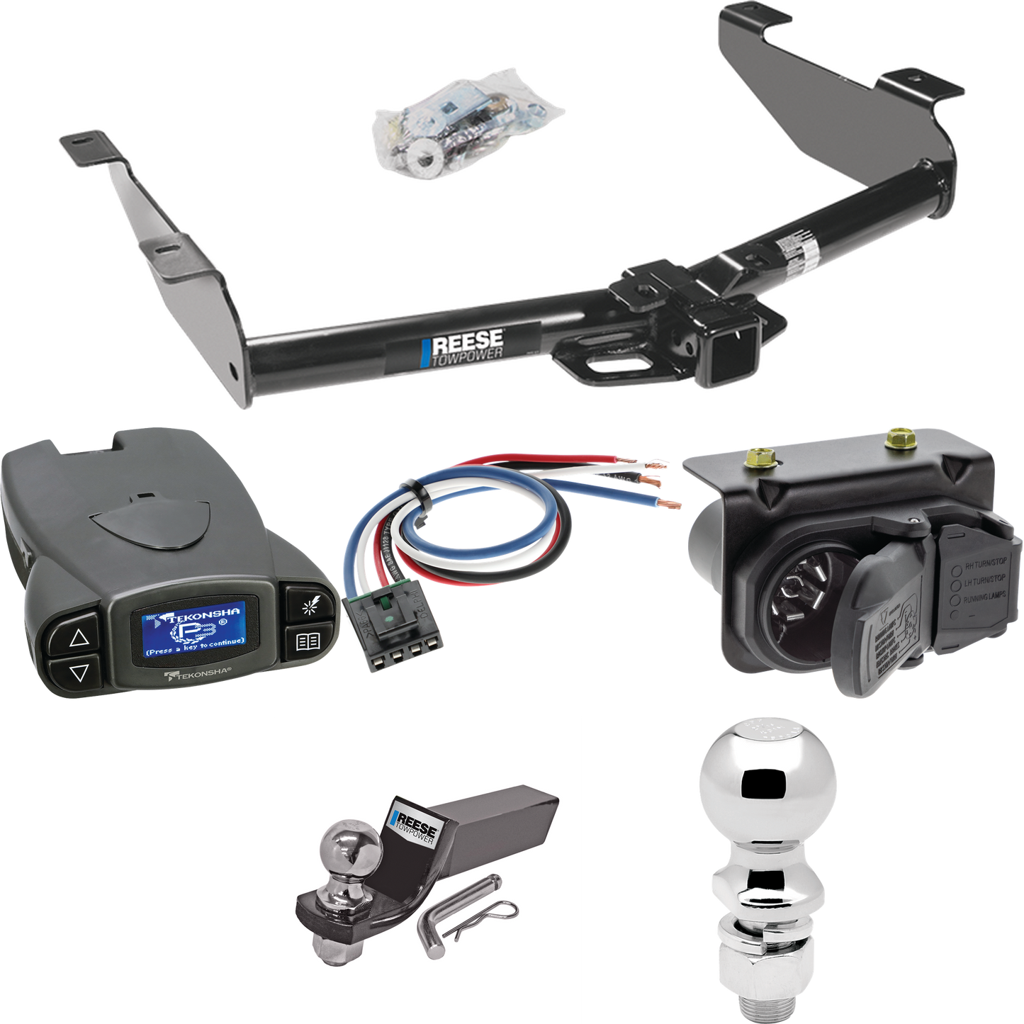 Fits 2007-2010 GMC Sierra 2500 HD Trailer Hitch Tow PKG w/ Tekonsha Prodigy P3 Brake Control + Generic BC Wiring Adapter + 7-Way RV Wiring + 2" & 2-5/16" Ball & Drop Mount By Reese Towpower