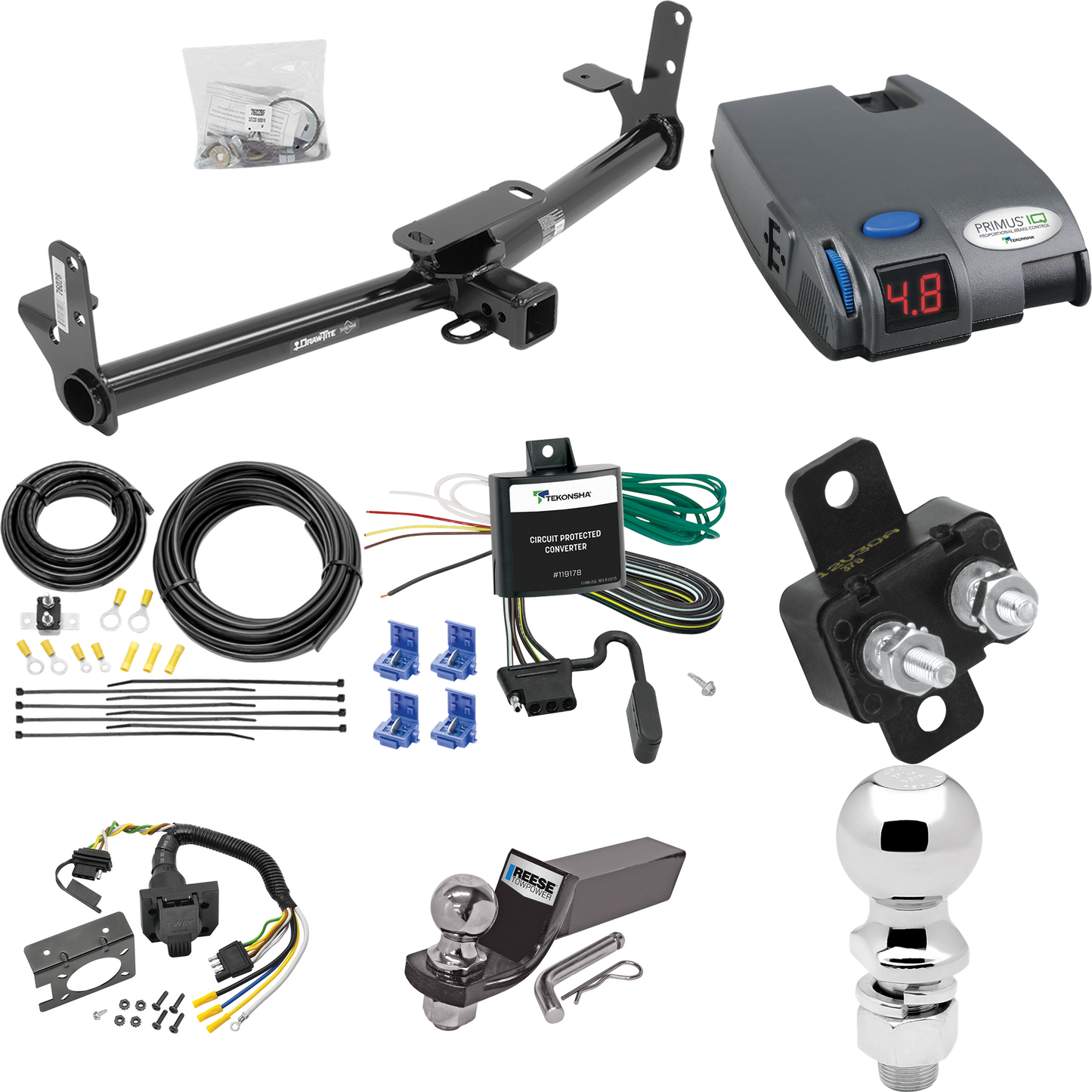 Fits 2007-2009 Pontiac Torrent Trailer Hitch Tow PKG w/ Tekonsha Primus IQ Brake Control + 7-Way RV Wiring + 2" & 2-5/16" Ball & Drop Mount By Draw-Tite