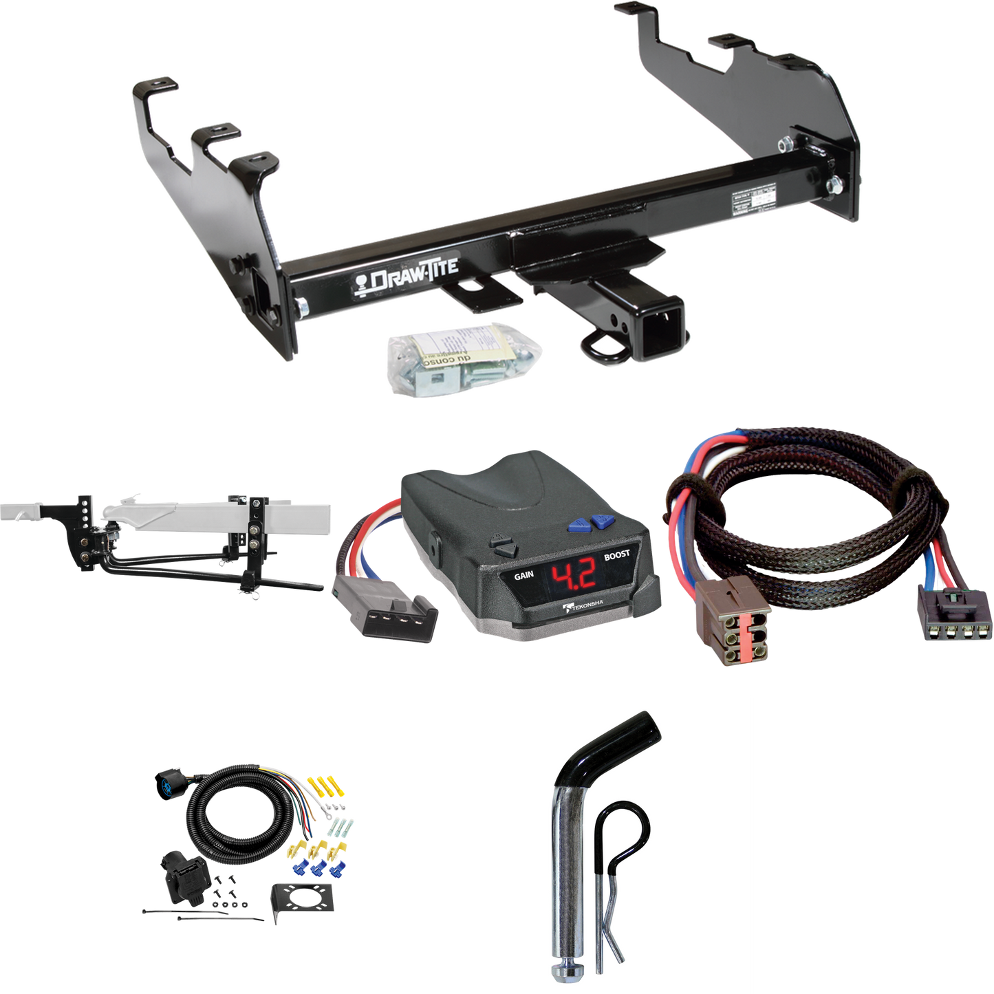 Fits 1994-1996 Ford F-150 Trailer Hitch Tow PKG w/ 11.5K Round Bar Weight Distribution Hitch w/ 2-5/16" Ball + Pin/Clip + Tekonsha BRAKE-EVN Brake Control + Plug & Play BC Adapter + 7-Way RV Wiring (For w/Deep Drop Bumper Models) By Draw-Tite