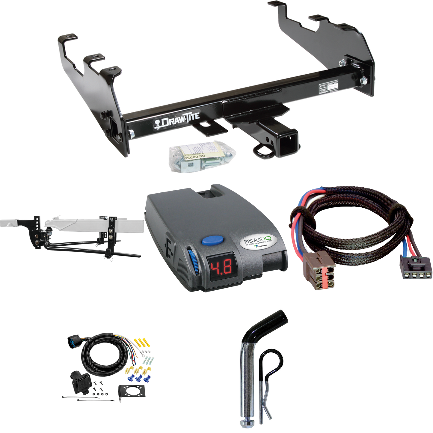 Fits 1994-1996 Ford F-250 Trailer Hitch Tow PKG w/ 11.5K Round Bar Weight Distribution Hitch w/ 2-5/16" Ball + Pin/Clip + Tekonsha Primus IQ Brake Control + Plug & Play BC Adapter + 7-Way RV Wiring (For w/Deep Drop Bumper Models) By Draw-Tite