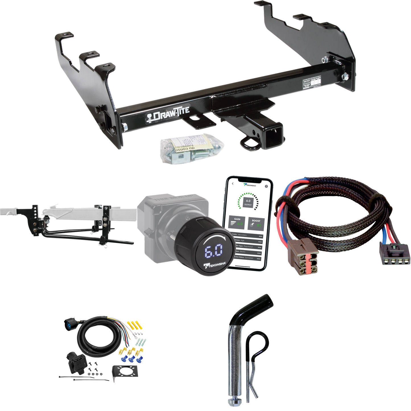 Fits 1994-1996 Ford F-250 Trailer Hitch Tow PKG w/ 11.5K Round Bar Weight Distribution Hitch w/ 2-5/16" Ball + Pin/Clip + Tekonsha Prodigy iD Bluetooth Wireless Brake Control + Plug & Play BC Adapter + 7-Way RV Wiring (For w/Deep Drop Bumper Models)