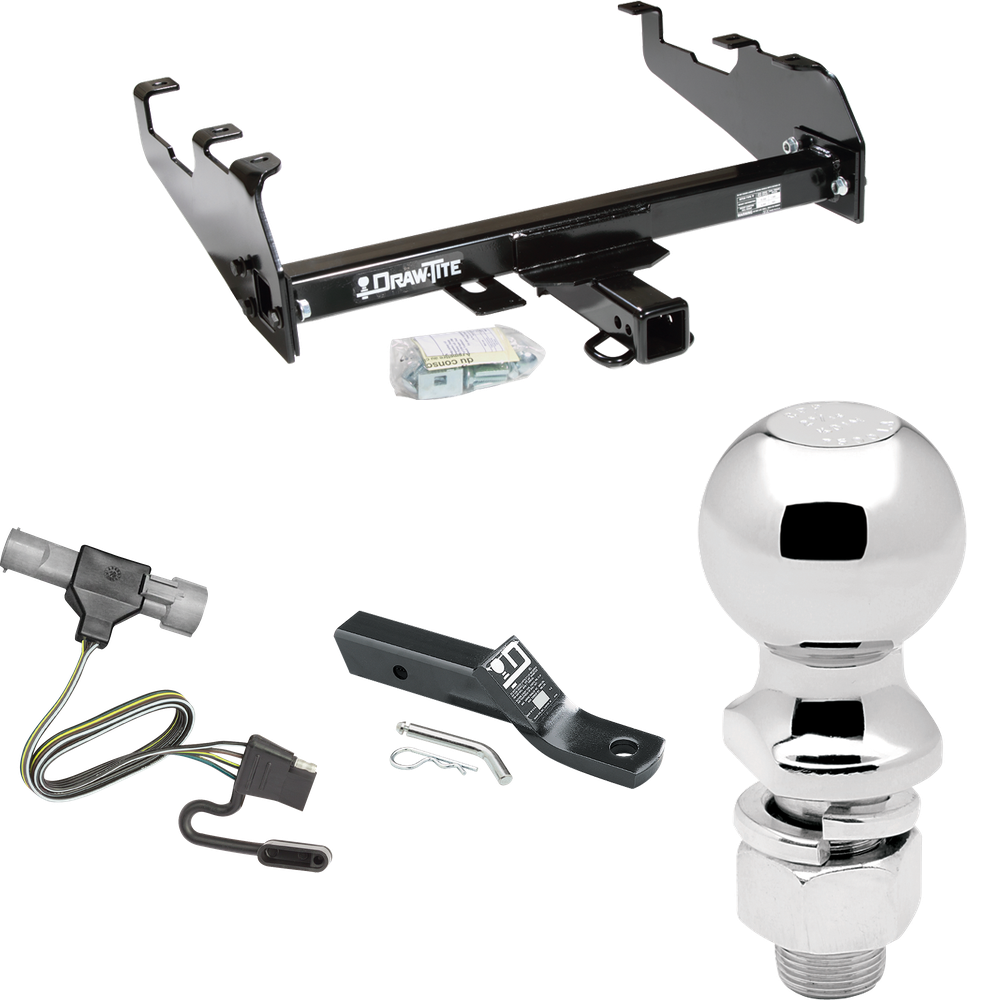 Fits 1987-1996 Ford F-350 Trailer Hitch Tow PKG w/ 4-Flat Wiring + Ball Mount w/ 2" Drop + 2-5/16" Ball (For w/Deep Drop Bumper Models) By Draw-Tite