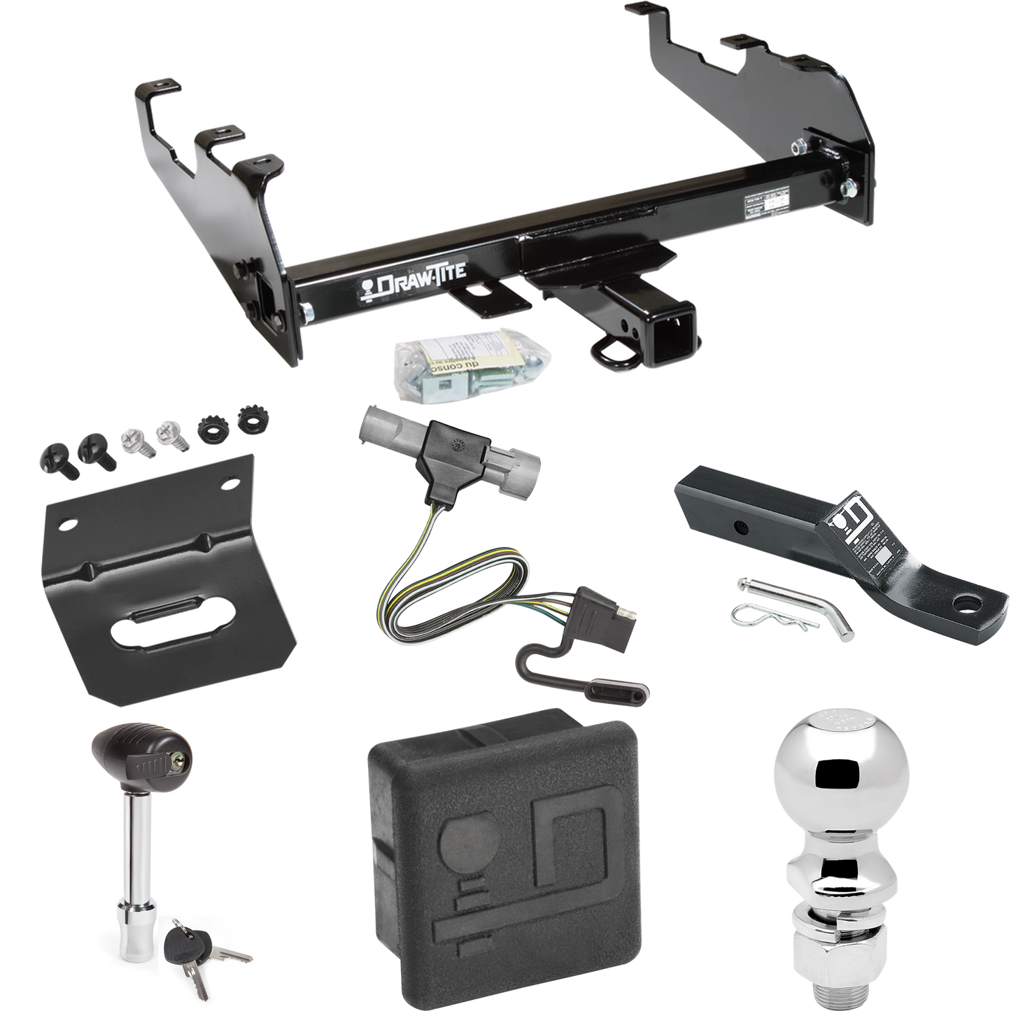 Fits 1987-1996 Ford F-150 Trailer Hitch Tow PKG w/ 4-Flat Wiring + Ball Mount w/ 2" Drop + 2-5/16" Ball + Wiring Bracket + Hitch Lock + Hitch Cover (For w/Deep Drop Bumper Models) By Draw-Tite