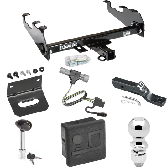 Fits 1987-1996 Ford F-150 Trailer Hitch Tow PKG w/ 4-Flat Wiring + Ball Mount w/ 2" Drop + 2-5/16" Ball + Wiring Bracket + Hitch Lock + Hitch Cover (For w/Deep Drop Bumper Models) By Draw-Tite