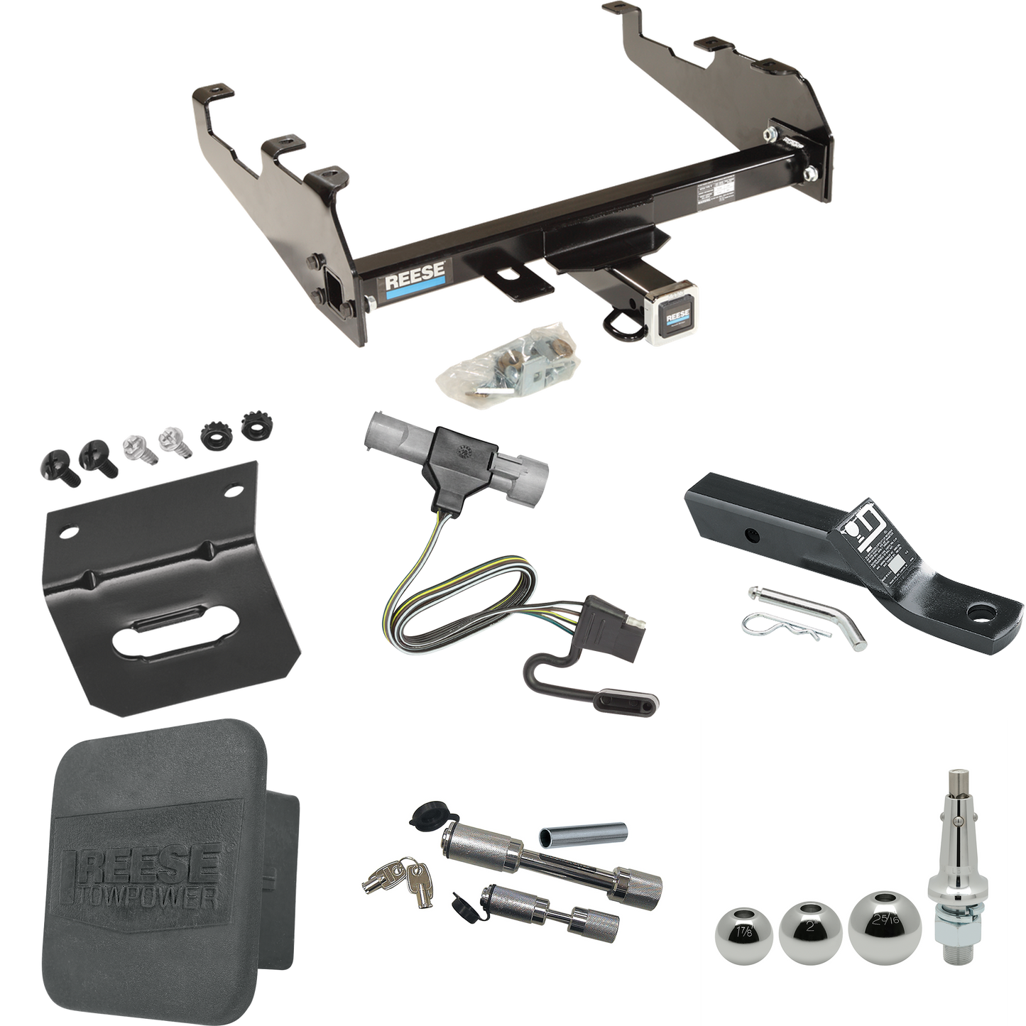 Fits 1987-1996 Ford F-350 Trailer Hitch Tow PKG w/ 4-Flat Wiring + Ball Mount w/ 2" Drop + Interchangeable Ball 1-7/8" & 2" & 2-5/16" + Wiring Bracket + Dual Hitch & Coupler Locks + Hitch Cover (For w/Deep Drop Bumper Models) By Reese Towpower