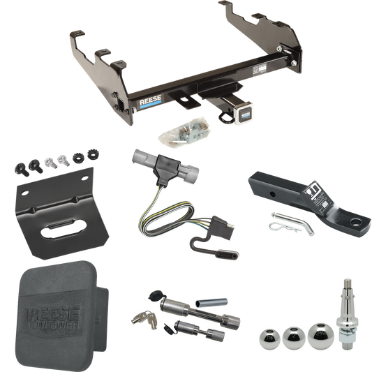 Fits 1987-1996 Ford F-350 Trailer Hitch Tow PKG w/ 4-Flat Wiring + Ball Mount w/ 2" Drop + Interchangeable Ball 1-7/8" & 2" & 2-5/16" + Wiring Bracket + Dual Hitch & Coupler Locks + Hitch Cover (For w/Deep Drop Bumper Models) By Reese Towpower