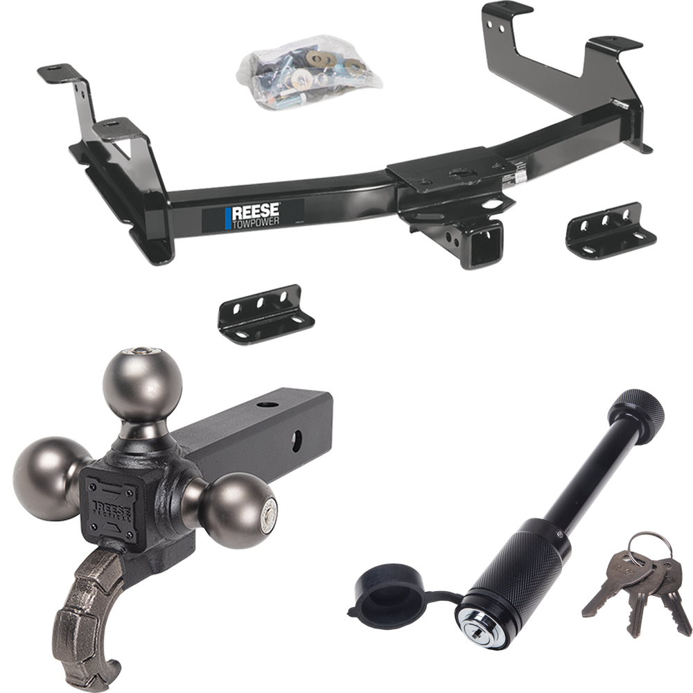 Fits 2011-2014 Chevrolet Silverado 3500 HD Trailer Hitch Tow PKG + Tactical Triple Ball Ball Mount 1-7/8" & 2" & 2-5/16" Balls & Tow Hook + Tactical Dogbone Lock By Reese Towpower