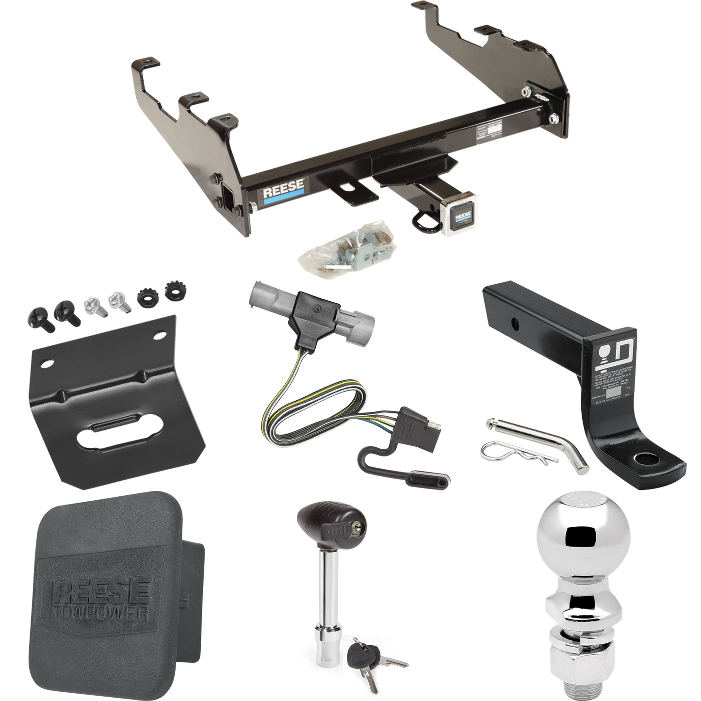 Fits 1997-1997 Ford F-250 HD Trailer Hitch Tow PKG w/ 4-Flat Wiring + Ball Mount w/ 4" Drop + 2-5/16" Ball + Wiring Bracket + Hitch Lock + Hitch Cover (For w/Deep Drop Bumper Models) By Reese Towpower