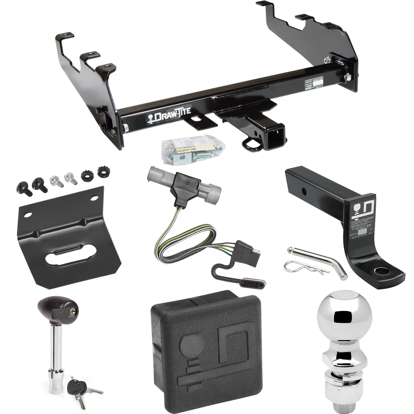 Fits 1987-1996 Ford F-150 Trailer Hitch Tow PKG w/ 4-Flat Wiring + Ball Mount w/ 4" Drop + 2-5/16" Ball + Wiring Bracket + Hitch Lock + Hitch Cover (For w/Deep Drop Bumper Models) By Draw-Tite