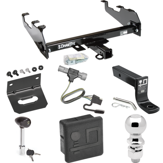 Fits 1987-1996 Ford F-150 Trailer Hitch Tow PKG w/ 4-Flat Wiring + Ball Mount w/ 4" Drop + 2-5/16" Ball + Wiring Bracket + Hitch Lock + Hitch Cover (For w/Deep Drop Bumper Models) By Draw-Tite