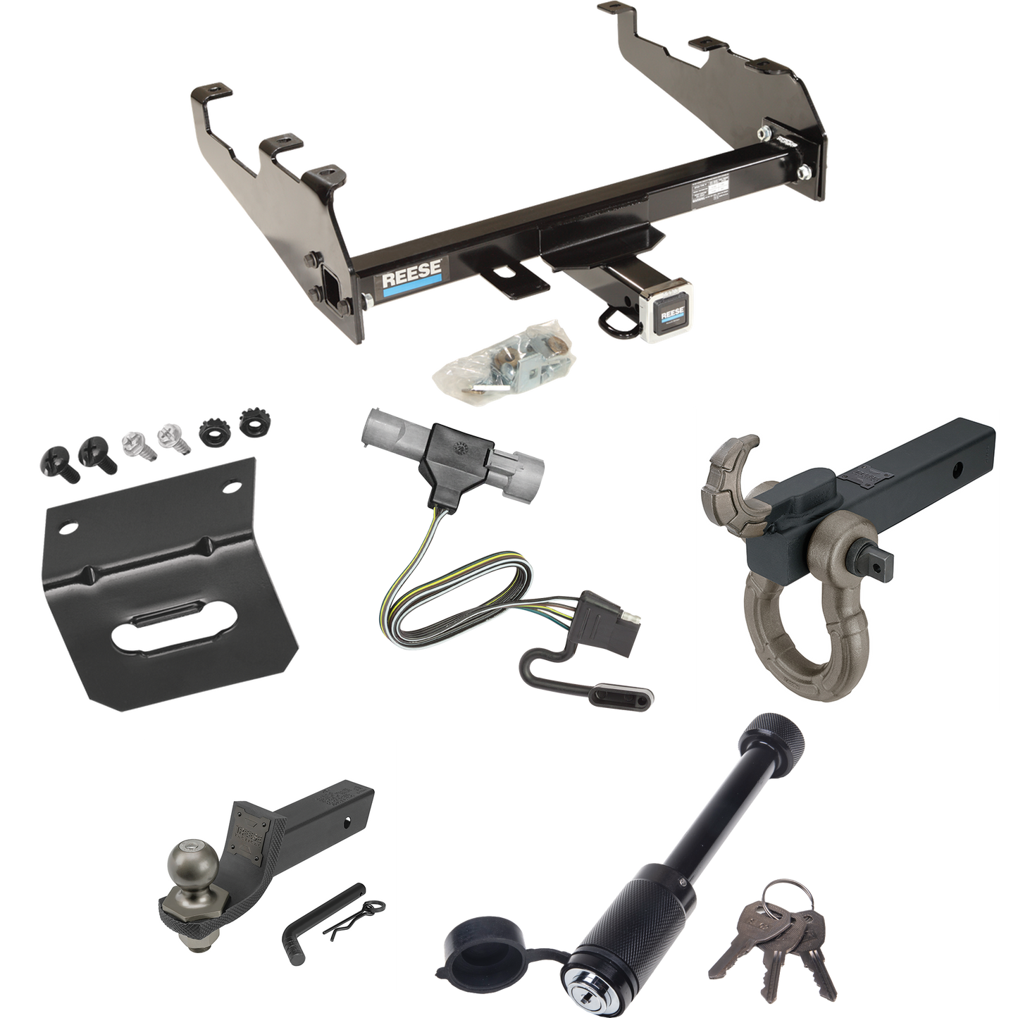 Fits 1997-1997 Ford F-350 Trailer Hitch Tow PKG w/ 4-Flat Wiring + Interlock Tactical Starter Kit w/ 2" Drop & 2" Ball + Tactical Hook & Shackle Mount + Tactical Dogbone Lock + Wiring Bracket (For Heavy Duty, w/Deep Drop Bumper Models) By Reese Towpo