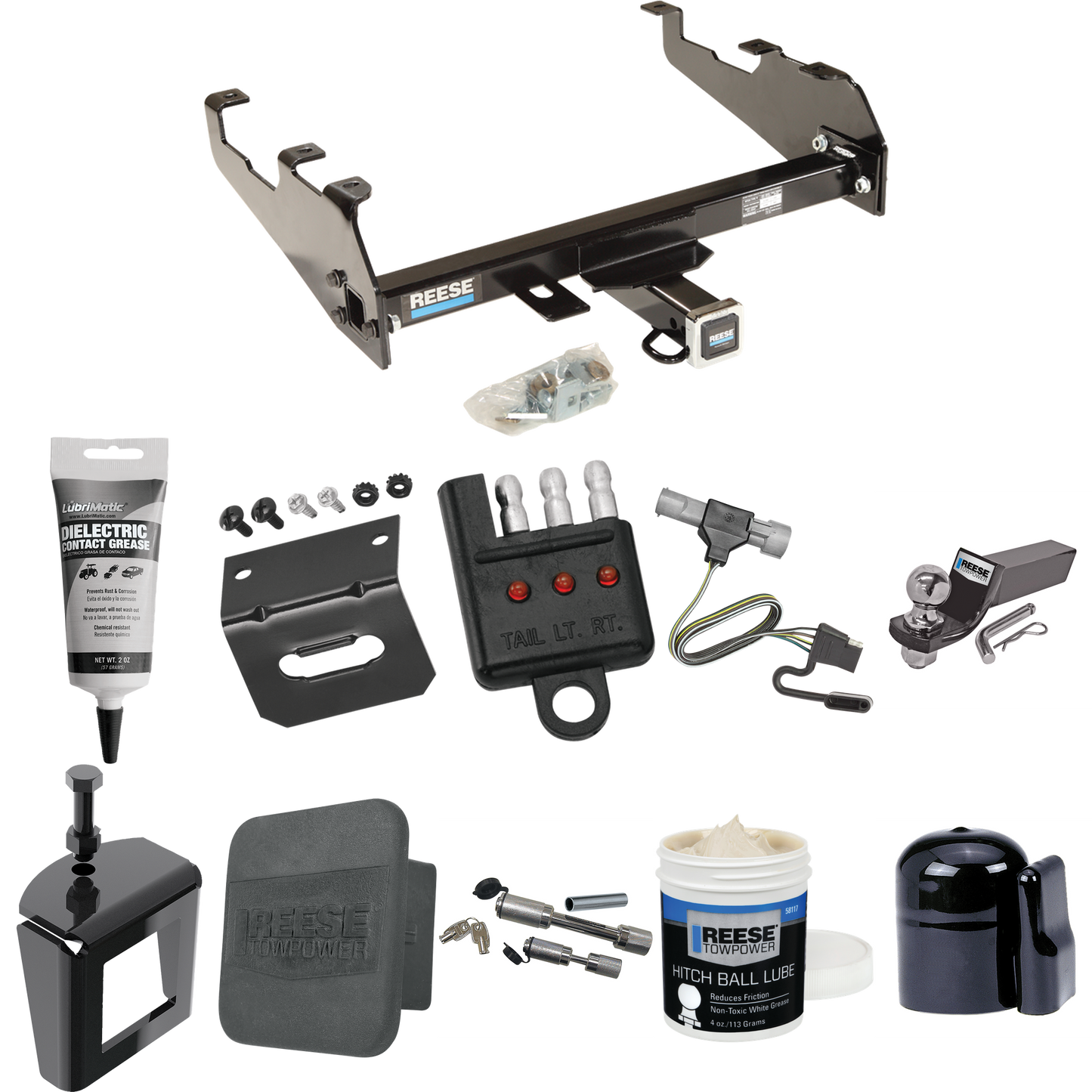 Fits 1987-1996 Ford F-250 Trailer Hitch Tow PKG w/ 4-Flat Wiring + Starter Kit Ball Mount w/ 2" Drop & 2" Ball + 1-7/8" Ball + Wiring Bracket + Dual Hitch & Coupler Locks + Hitch Cover + Wiring Tester + Ball Lube + Electric Grease + Ball Wrench + Ant