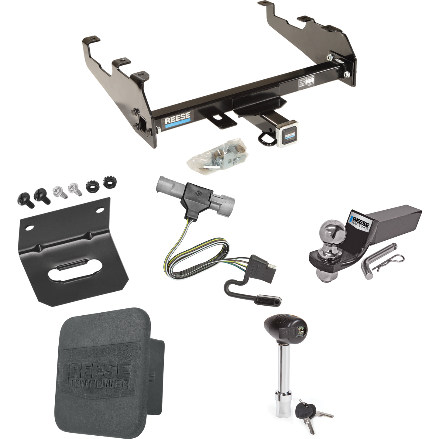 Fits 1997-1997 Ford F-250 HD Trailer Hitch Tow PKG w/ 4-Flat Wiring + Starter Kit Ball Mount w/ 2" Drop & 2" Ball + 1-7/8" Ball + Wiring Bracket + Hitch Lock + Hitch Cover (For w/Deep Drop Bumper Models) By Reese Towpower