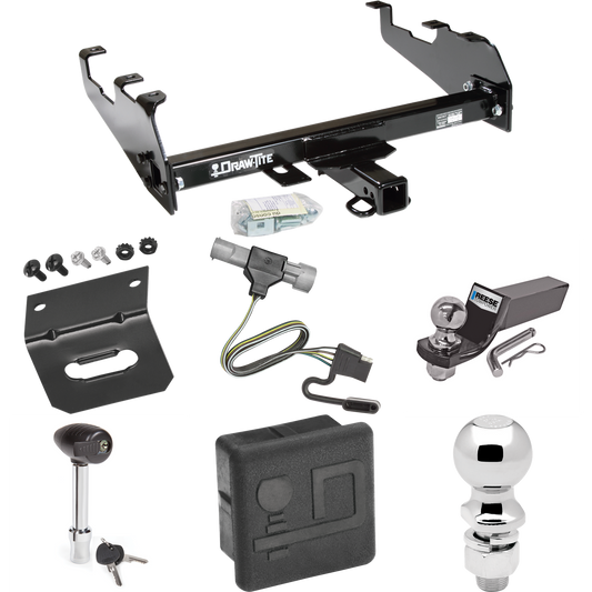 Fits 1987-1996 Ford F-150 Trailer Hitch Tow PKG w/ 4-Flat Wiring + Starter Kit Ball Mount w/ 2" Drop & 2" Ball + 2-5/16" Ball + Wiring Bracket + Hitch Lock + Hitch Cover (For w/Deep Drop Bumper Models) By Draw-Tite