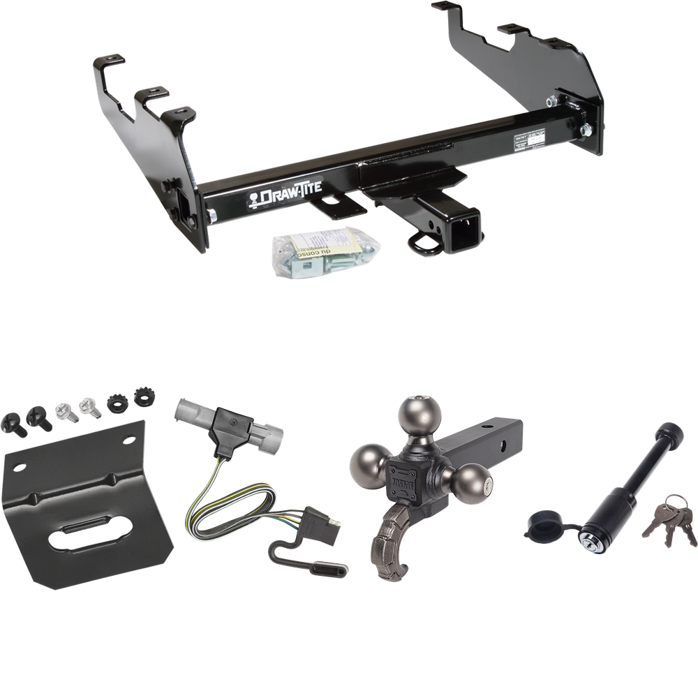 Fits 1987-1996 Ford F-350 Trailer Hitch Tow PKG w/ 4-Flat Wiring + Triple Ball Tactical Ball Mount 1-7/8" & 2" & 2-5/16" Balls w/ Tow Hook + Tactical Dogbone Lock + Wiring Bracket (For w/Deep Drop Bumper Models) By Draw-Tite