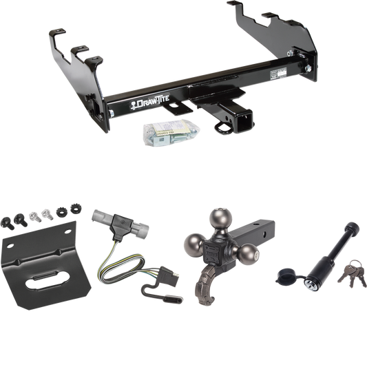 Fits 1987-1996 Ford F-350 Trailer Hitch Tow PKG w/ 4-Flat Wiring + Triple Ball Tactical Ball Mount 1-7/8" & 2" & 2-5/16" Balls w/ Tow Hook + Tactical Dogbone Lock + Wiring Bracket (For w/Deep Drop Bumper Models) By Draw-Tite