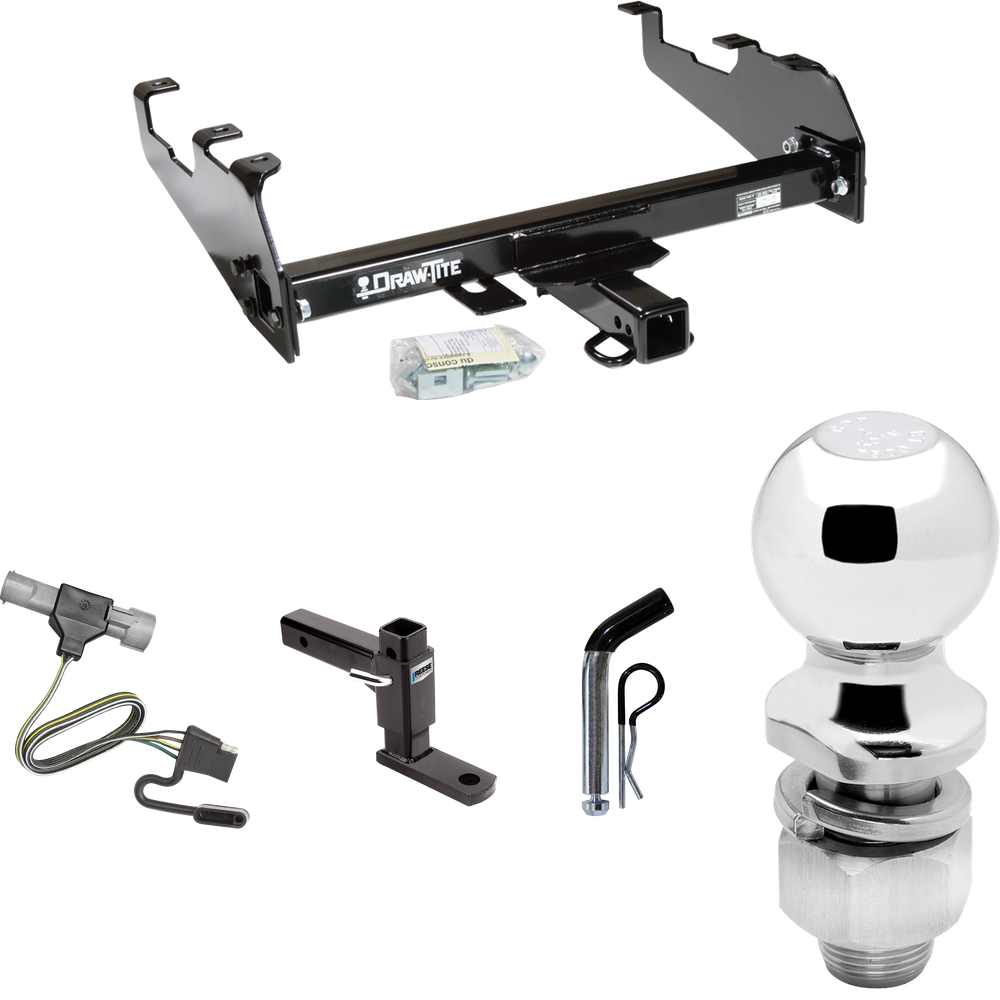 Fits 1987-1996 Ford F-150 Trailer Hitch Tow PKG w/ 4-Flat Wiring Harness + Adjustable Drop Rise Ball Mount + Pin/Clip + 2" Ball (For w/Deep Drop Bumper Models) By Draw-Tite