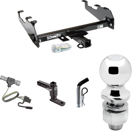 Fits 1987-1996 Ford F-150 Trailer Hitch Tow PKG w/ 4-Flat Wiring Harness + Adjustable Drop Rise Ball Mount + Pin/Clip + 2" Ball (For w/Deep Drop Bumper Models) By Draw-Tite