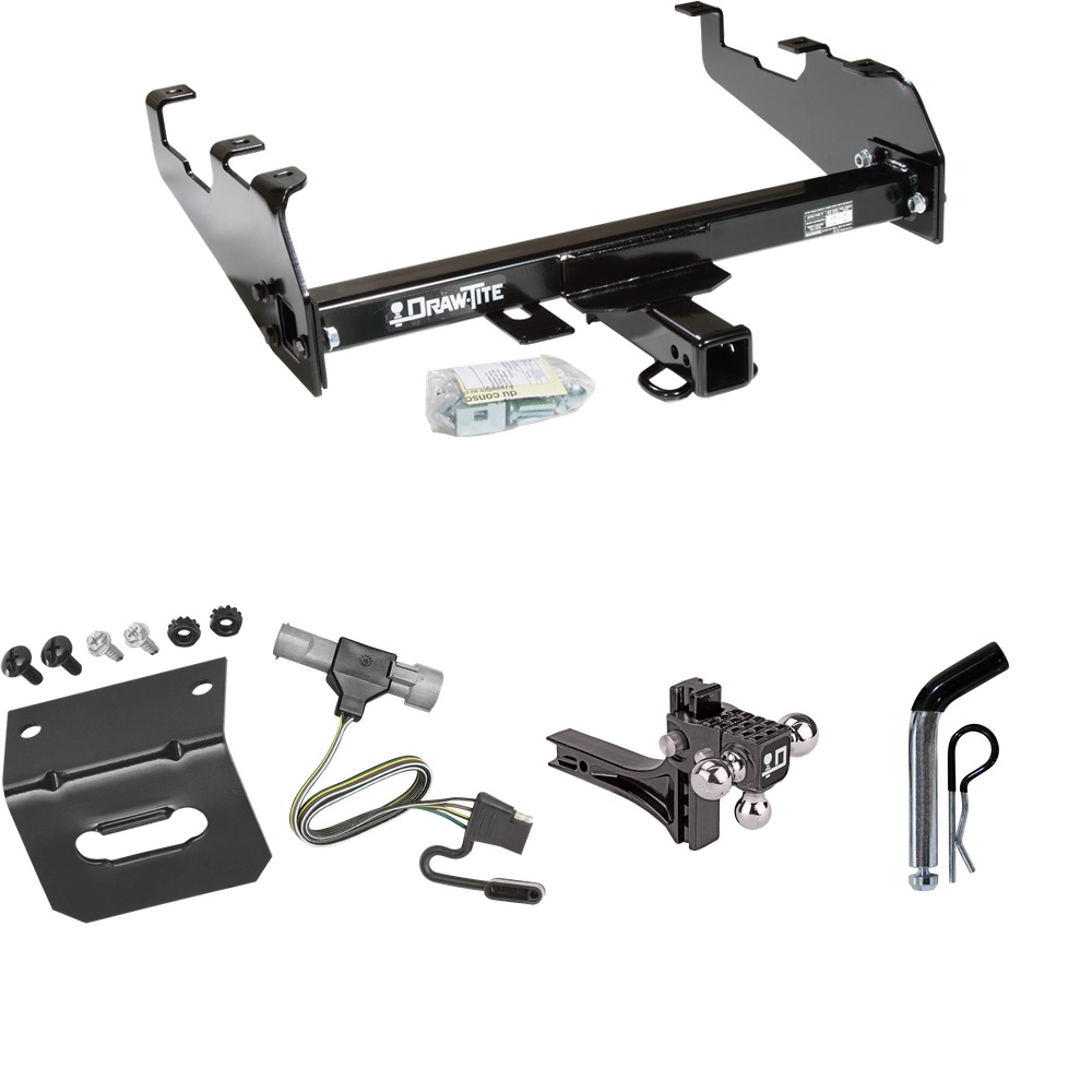 Fits 1987-1996 Ford F-150 Trailer Hitch Tow PKG w/ 4-Flat Wiring Harness + Adjustable Drop Rise Triple Ball Ball Mount 1-7/8" & 2" & 2-5/16" Trailer Balls + Pin/Clip + Wiring Bracket (For w/Deep Drop Bumper Models) By Draw-Tite