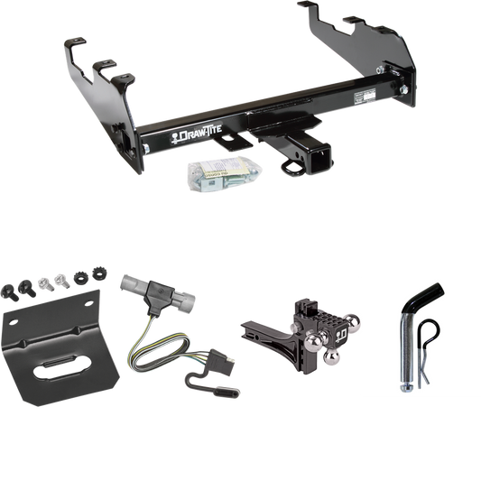 Fits 1987-1996 Ford F-150 Trailer Hitch Tow PKG w/ 4-Flat Wiring Harness + Adjustable Drop Rise Triple Ball Ball Mount 1-7/8" & 2" & 2-5/16" Trailer Balls + Pin/Clip + Wiring Bracket (For w/Deep Drop Bumper Models) By Draw-Tite