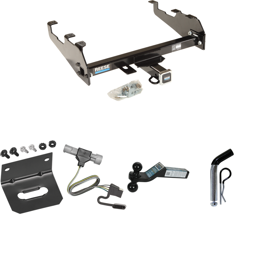 Fits 1987-1996 Ford F-250 Trailer Hitch Tow PKG w/ 4-Flat Wiring Harness + Dual Ball Ball Mount 2" & 2-5/16" Trailer Balls + Pin/Clip +  Wiring Bracket (For w/Deep Drop Bumper Models) By Reese Towpower