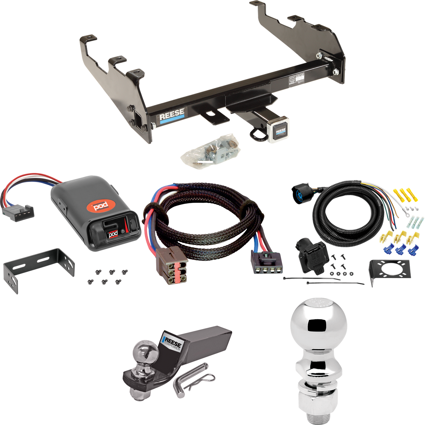 Fits 1994-1996 Ford F-250 Trailer Hitch Tow PKG w/ Pro Series POD Brake Control + Plug & Play BC Adapter + 7-Way RV Wiring + 2" & 2-5/16" Ball & Drop Mount (For w/Deep Drop Bumper Models) By Reese Towpower