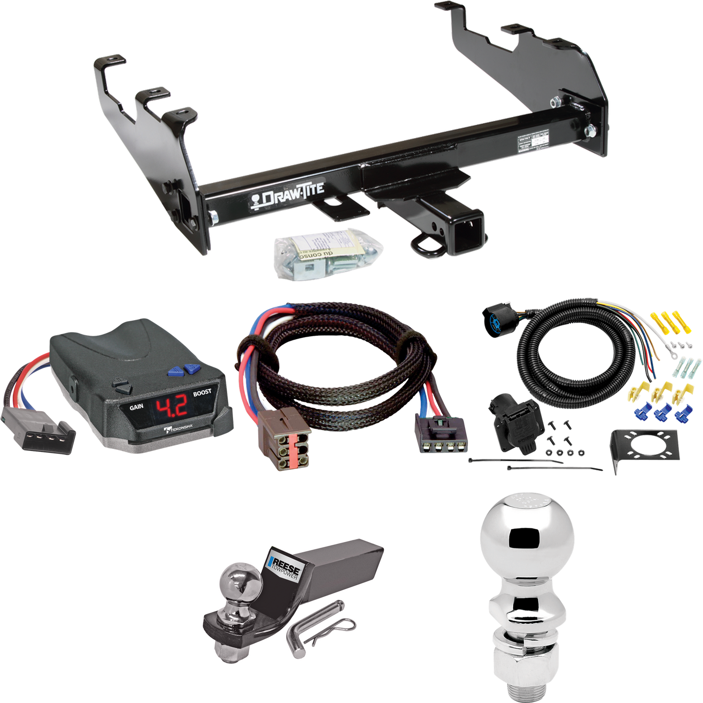 Fits 1997-1997 Ford F-350 Trailer Hitch Tow PKG w/ Tekonsha BRAKE-EVN Brake Control + Plug & Play BC Adapter + 7-Way RV Wiring + 2" & 2-5/16" Ball & Drop Mount (For Heavy Duty, w/Deep Drop Bumper Models) By Draw-Tite