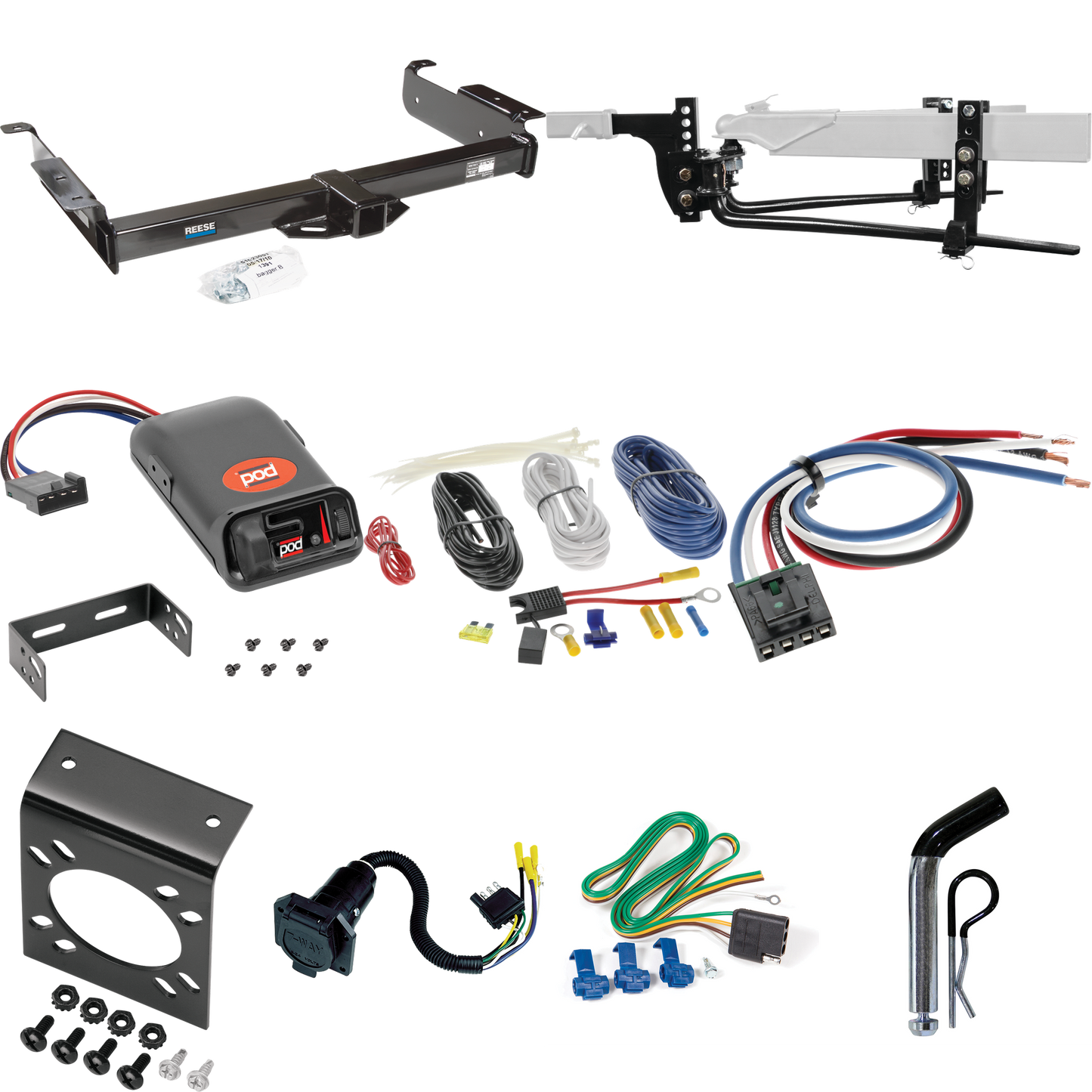 Fits 1996-1999 Chevrolet Express 3500 Trailer Hitch Tow PKG w/ 11.5K Round Bar Weight Distribution Hitch w/ 2-5/16" Ball + Pin/Clip + Pro Series POD Brake Control + Generic BC Wiring Adapter + 7-Way RV Wiring By Reese Towpower