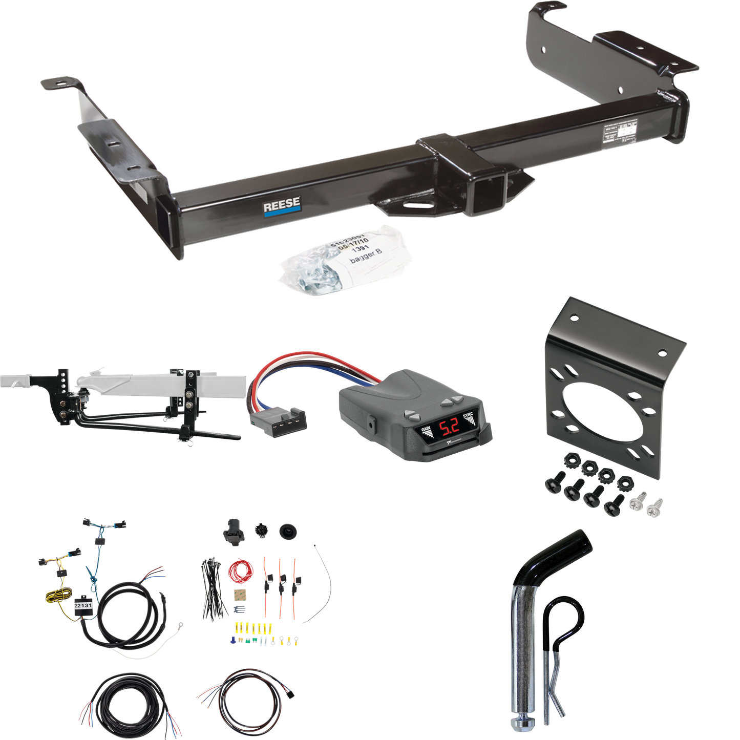 Fits 2003-2023 Chevrolet Express 3500 Trailer Hitch Tow PKG w/ 11.5K Round Bar Weight Distribution Hitch w/ 2-5/16" Ball + Pin/Clip + Tekonsha Brakeman IV Brake Control + 7-Way RV Wiring By Reese Towpower