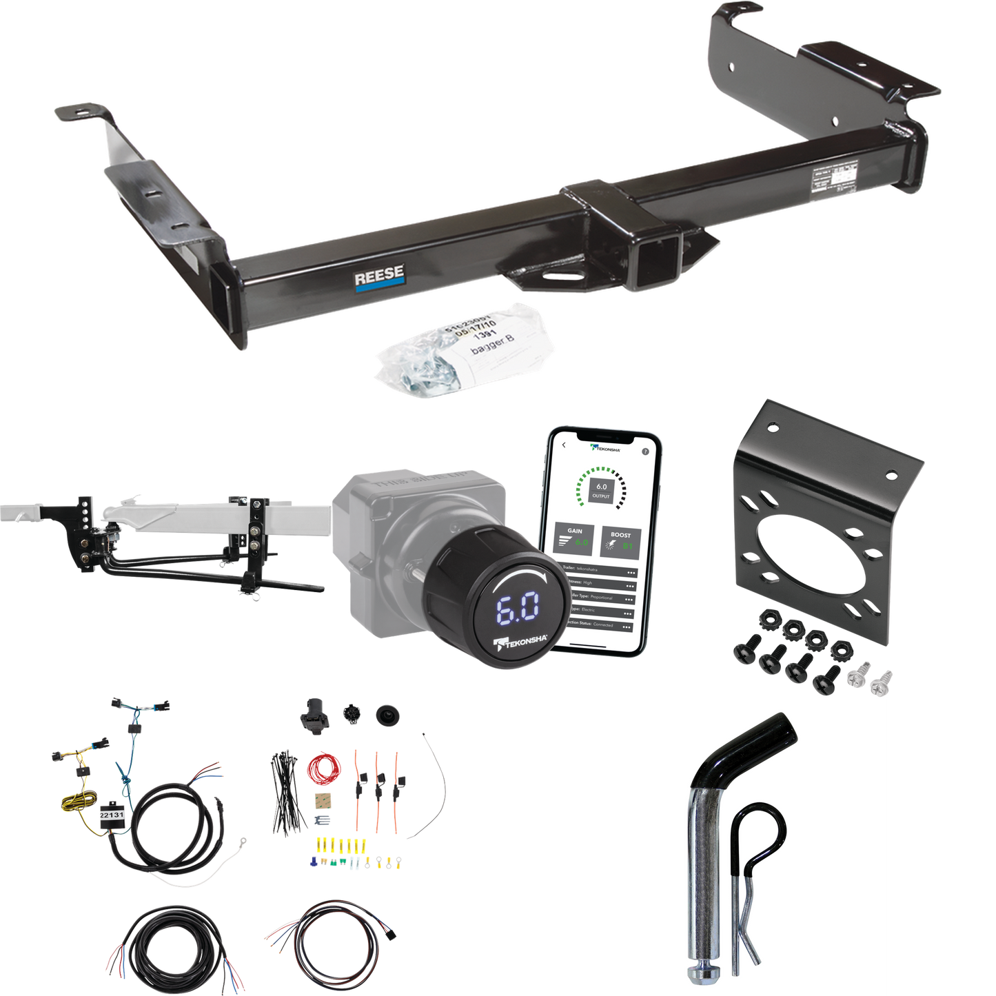 Fits 2003-2014 Chevrolet Express 1500 Trailer Hitch Tow PKG w/ 11.5K Round Bar Weight Distribution Hitch w/ 2-5/16" Ball + Pin/Clip + Tekonsha Prodigy iD Bluetooth Wireless Brake Control + 7-Way RV Wiring By Reese Towpower