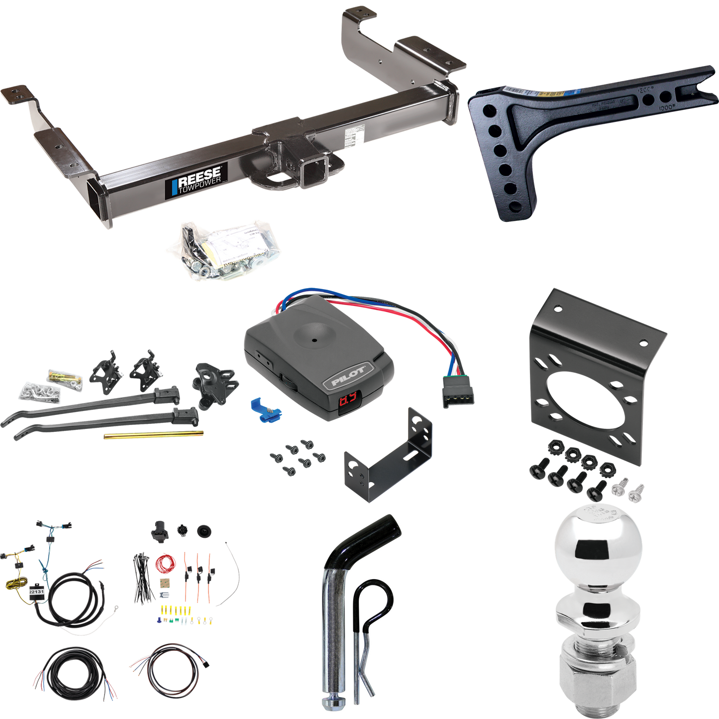 Fits 2003-2023 Chevrolet Express 3500 Trailer Hitch Tow PKG w/ 15K Trunnion Bar Weight Distribution Hitch + Pin/Clip + 2-5/16" Ball + Pro Series Pilot Brake Control + 7-Way RV Wiring By Reese Towpower