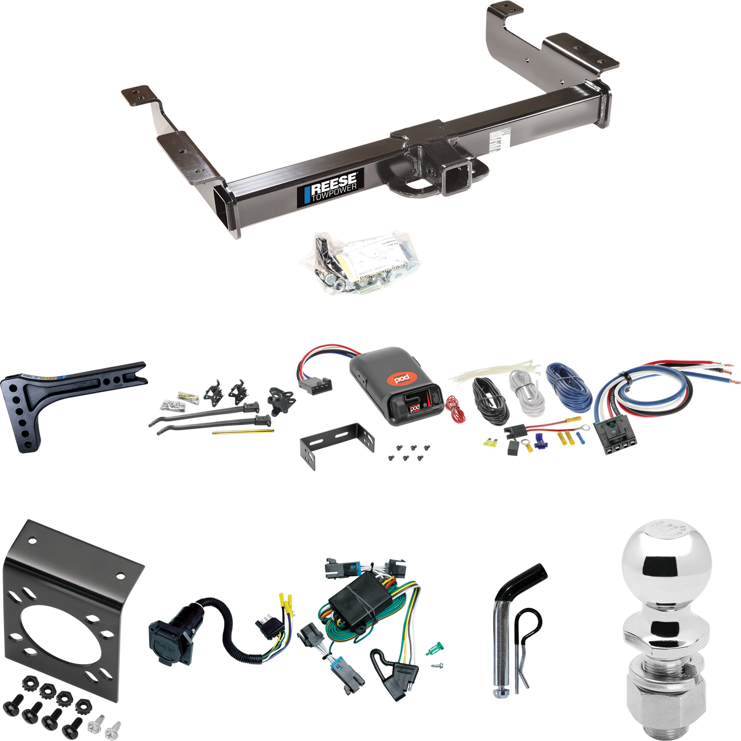 Fits 2000-2002 Chevrolet Express 2500 Trailer Hitch Tow PKG w/ 15K Trunnion Bar Weight Distribution Hitch + Pin/Clip + 2-5/16" Ball + Pro Series POD Brake Control + Generic BC Wiring Adapter + 7-Way RV Wiring By Reese Towpower