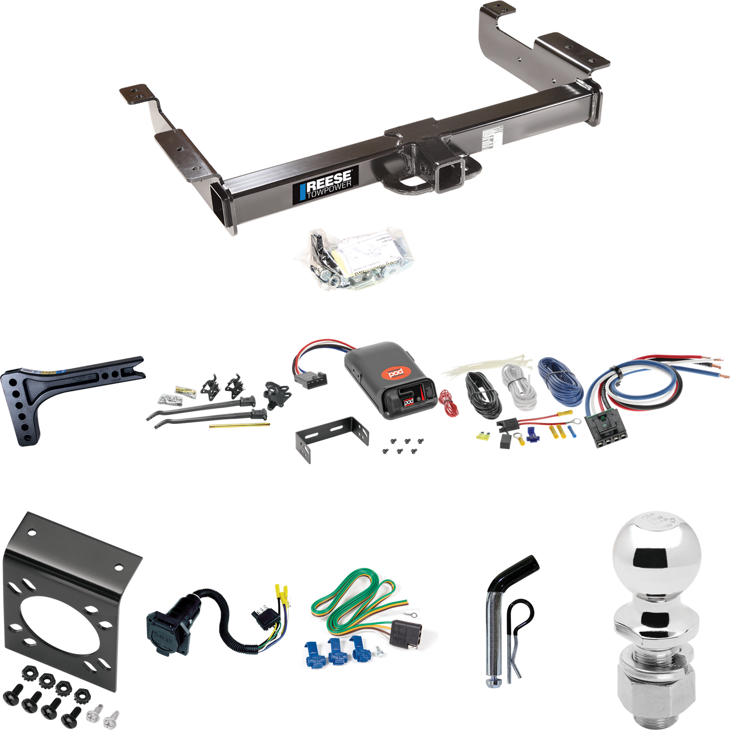 Fits 1996-1999 GMC Savana 1500 Trailer Hitch Tow PKG w/ 15K Trunnion Bar Weight Distribution Hitch + Pin/Clip + 2-5/16" Ball + Pro Series POD Brake Control + Generic BC Wiring Adapter + 7-Way RV Wiring By Reese Towpower