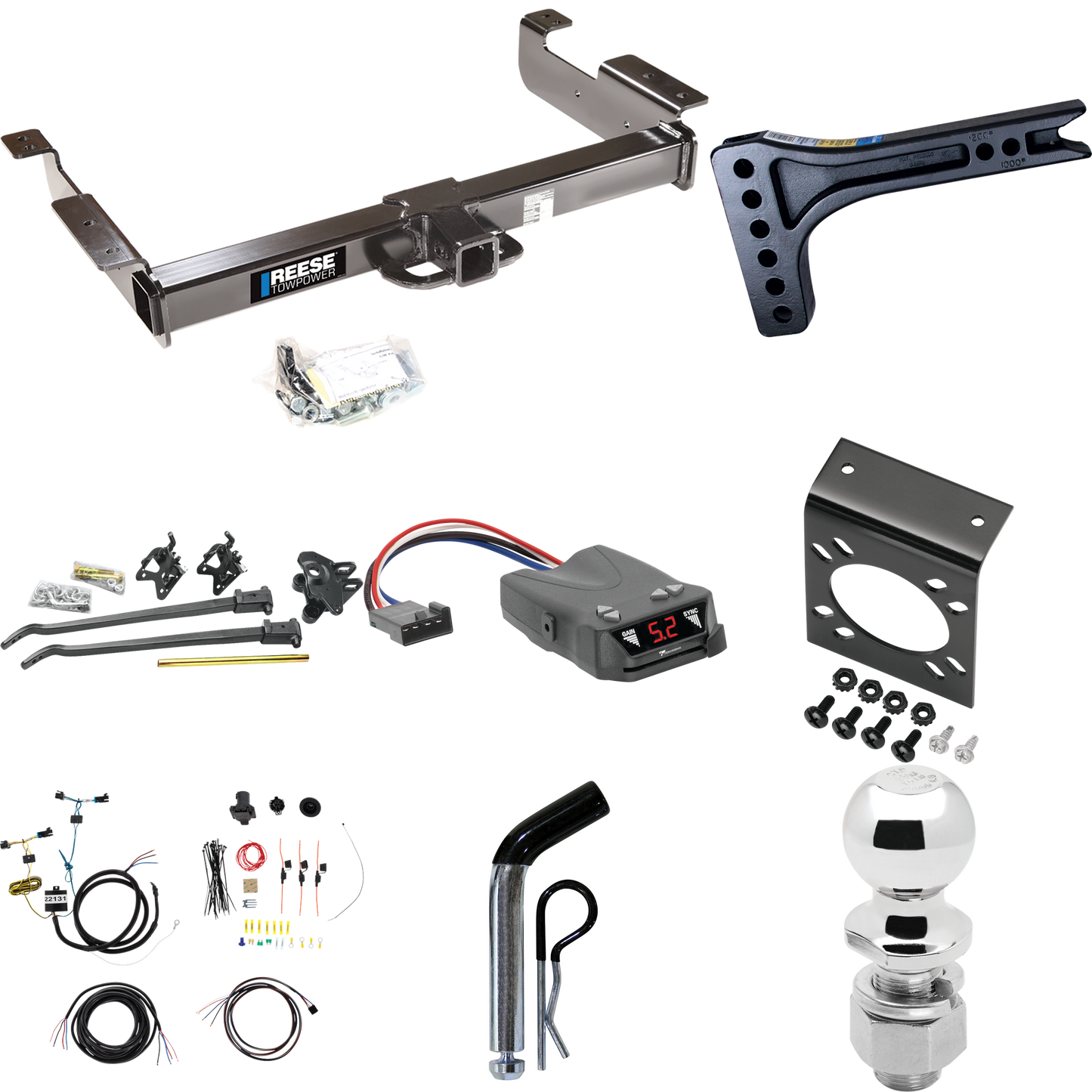 Fits 2003-2023 GMC Savana 2500 Trailer Hitch Tow PKG w/ 15K Trunnion Bar Weight Distribution Hitch + Pin/Clip + 2-5/16" Ball + Tekonsha Brakeman IV Brake Control + 7-Way RV Wiring By Reese Towpower