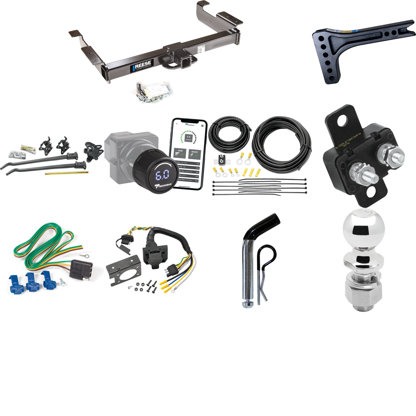 Fits 1996-1999 GMC Savana 1500 Trailer Hitch Tow PKG w/ 15K Trunnion Bar Weight Distribution Hitch + Pin/Clip + 2-5/16" Ball + Tekonsha Prodigy iD Bluetooth Wireless Brake Control + 7-Way RV Wiring By Reese Towpower