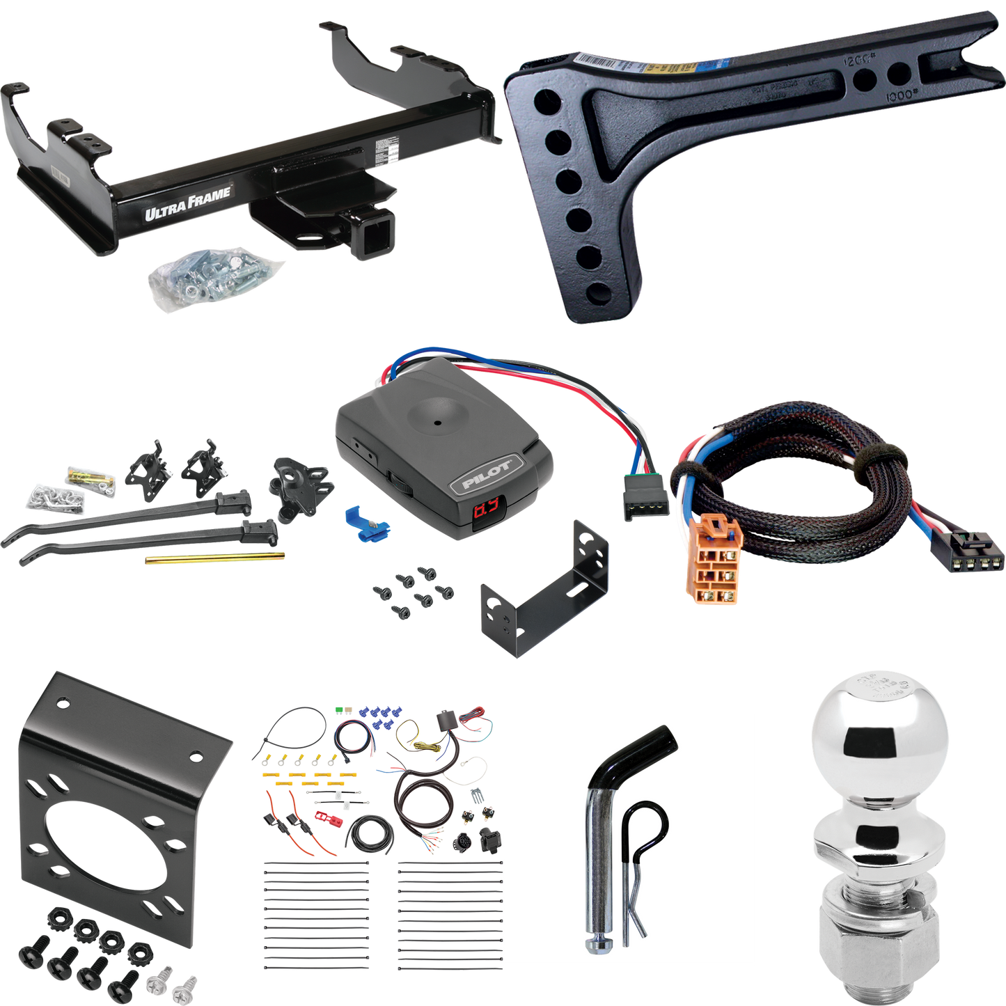 Fits 2003-2007 Chevrolet Silverado 3500 Trailer Hitch Tow PKG w/ 15K Trunnion Bar Weight Distribution Hitch + Pin/Clip + 2-5/16" Ball + Pro Series Pilot Brake Control + Plug & Play BC Adapter + 7-Way RV Wiring (For (Classic), Cab & Chassis, w/34" Wid