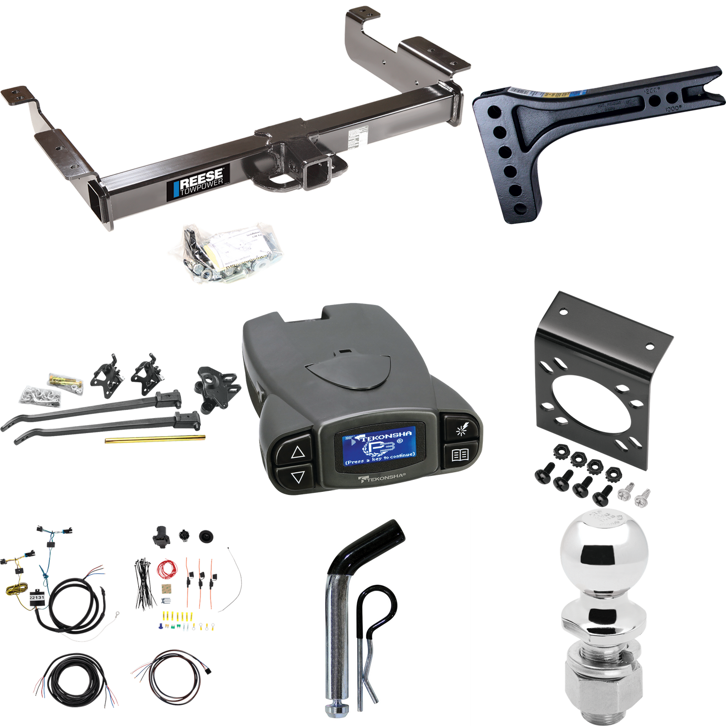 Fits 2003-2023 Chevrolet Express 2500 Trailer Hitch Tow PKG w/ 15K Trunnion Bar Weight Distribution Hitch + Pin/Clip + 2-5/16" Ball + Tekonsha Prodigy P3 Brake Control + 7-Way RV Wiring By Reese Towpower